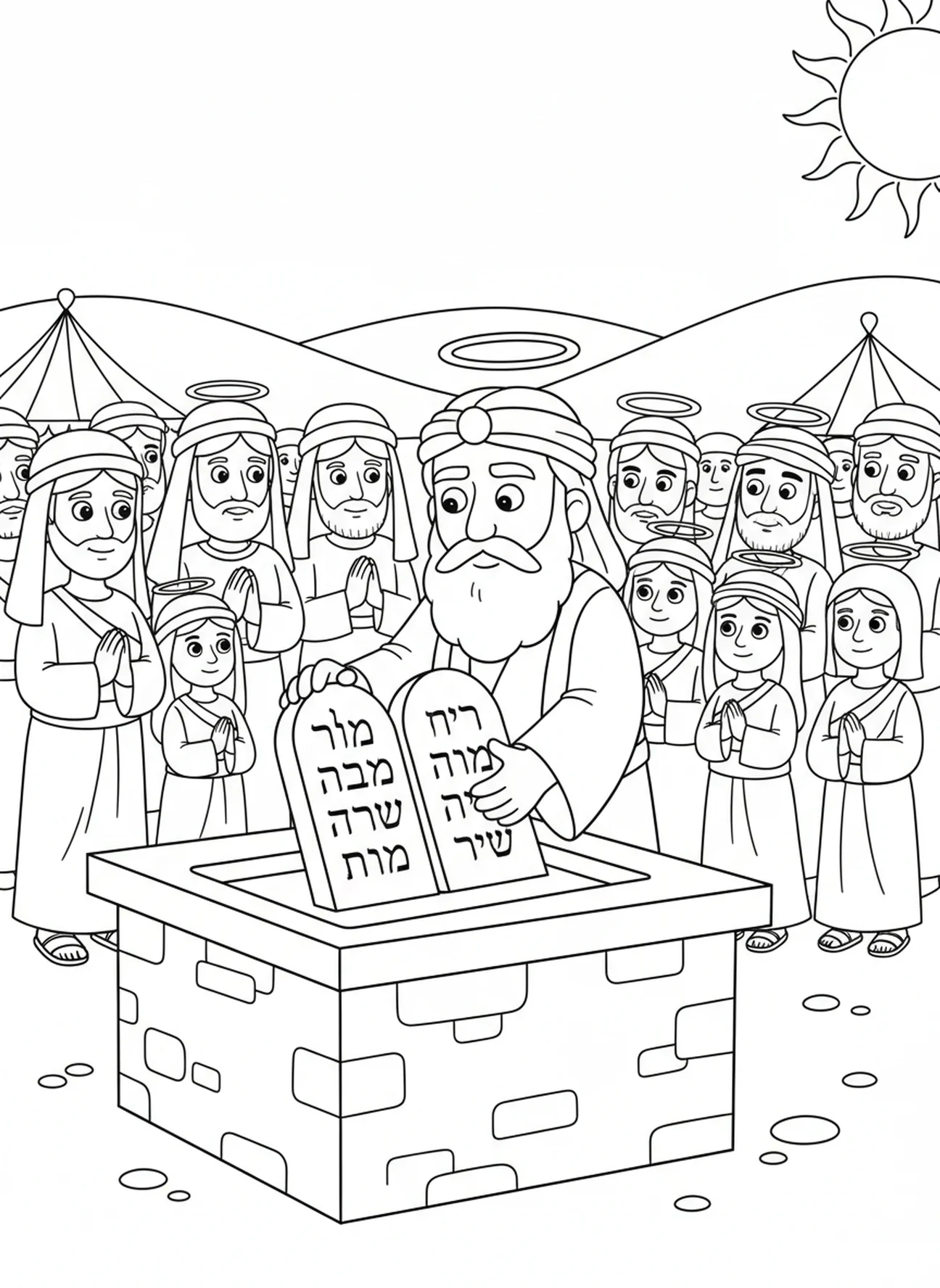 Moses legt die Tafeln auf den Altar, Zehn Gebote Malvorlage für Kinder im Alter von 5-10 Jahren