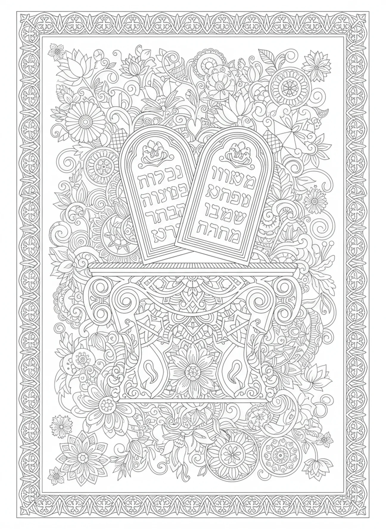 Steintafeln auf einem verzierten Tisch, Ausmalbild der Zehn Gebote im Stil des Bibeljournaling für Erwachsene