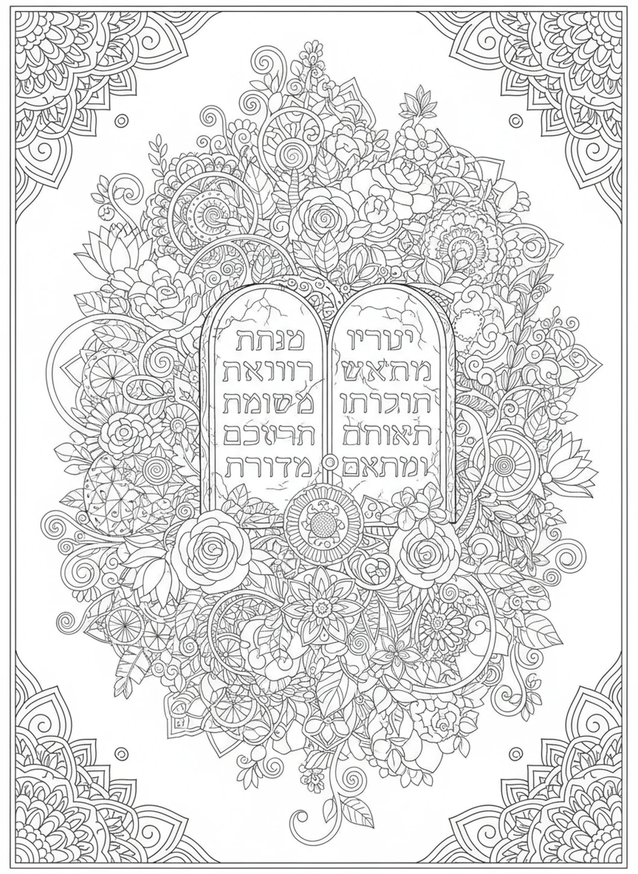 Steintafeln umgeben von floralen Mustern, Ausmalbild der Zehn Gebote für Erwachsene im Stil des Bibel-Journalings