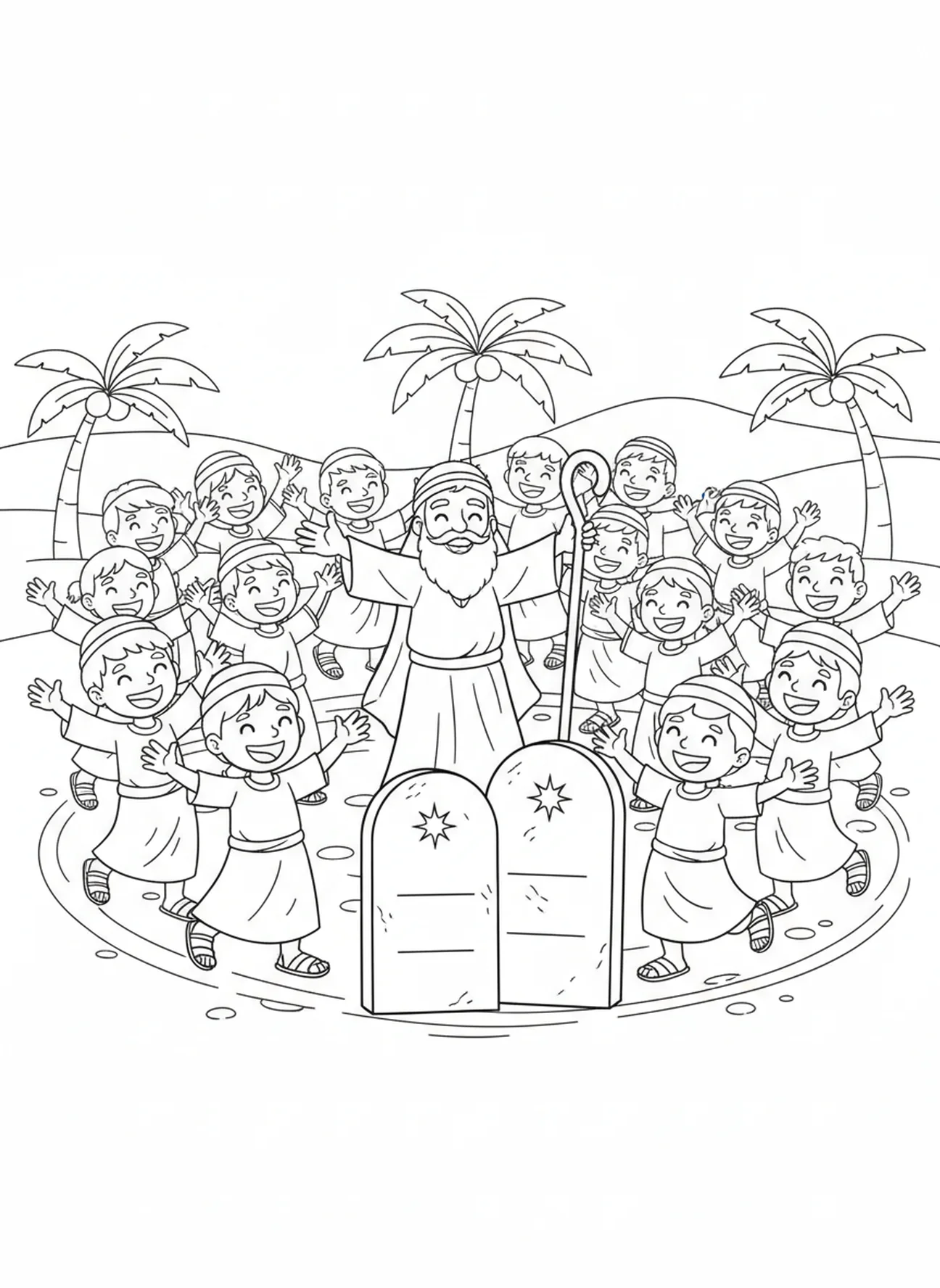 Menschen feiern mit Mose, Ausmalbild der Zehn Gebote für Kinder im Alter von 5-10 Jahren.