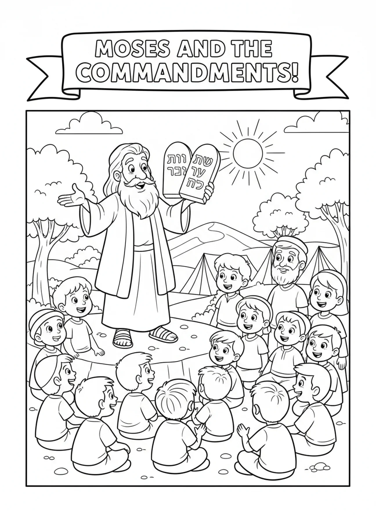 Moses erklärt die Gebote der Menge, Ausmalbild der Zehn Gebote für Kinder im Alter von 5-10 Jahren.