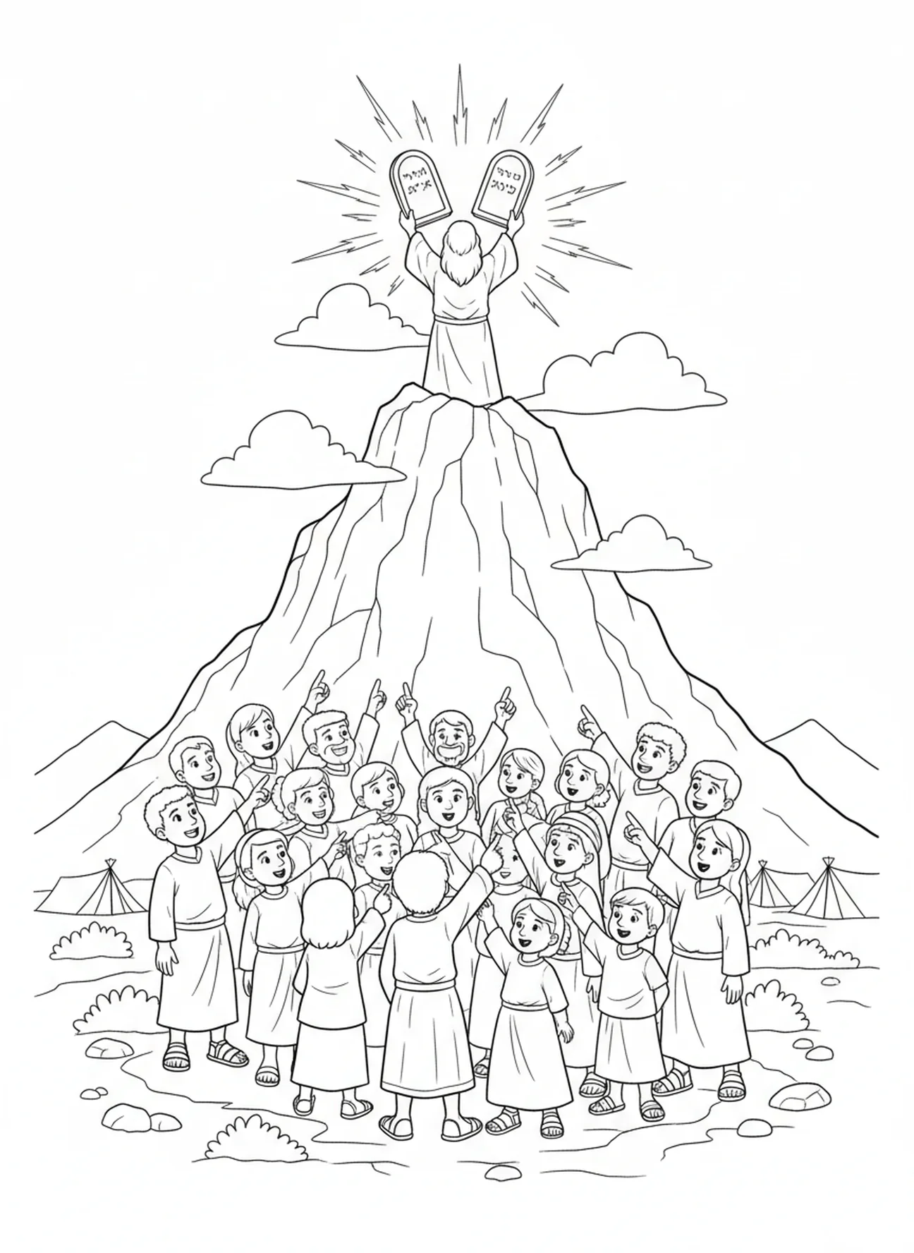 Menschenmenge schaut nach oben, Malvorlage zu den Zehn Geboten für Kinder im Alter von 5-10 Jahren.
