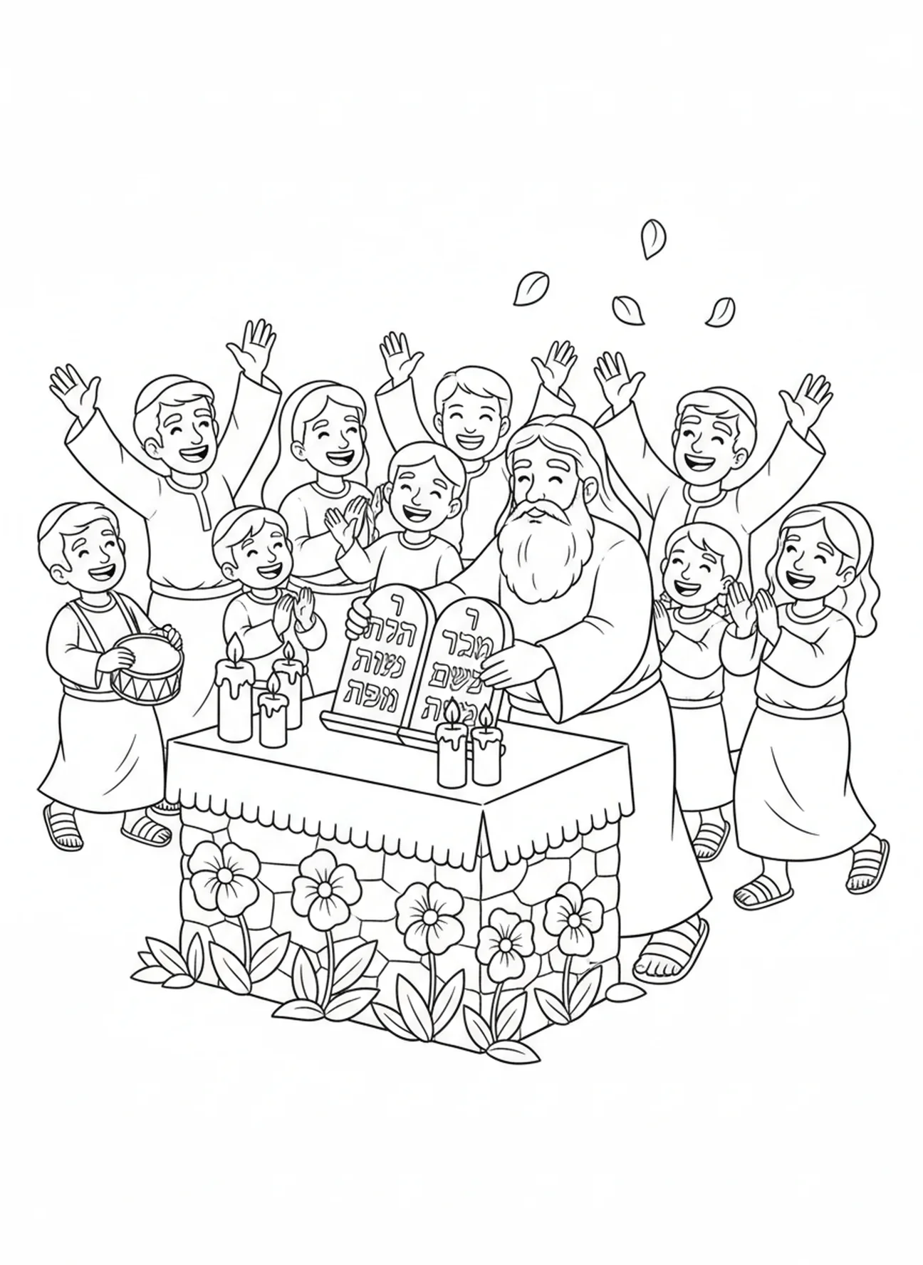 Moses legt die Tafeln auf den Altar, Ausmalbild der Zehn Gebote für Kinder im Alter von 5-10 Jahren.