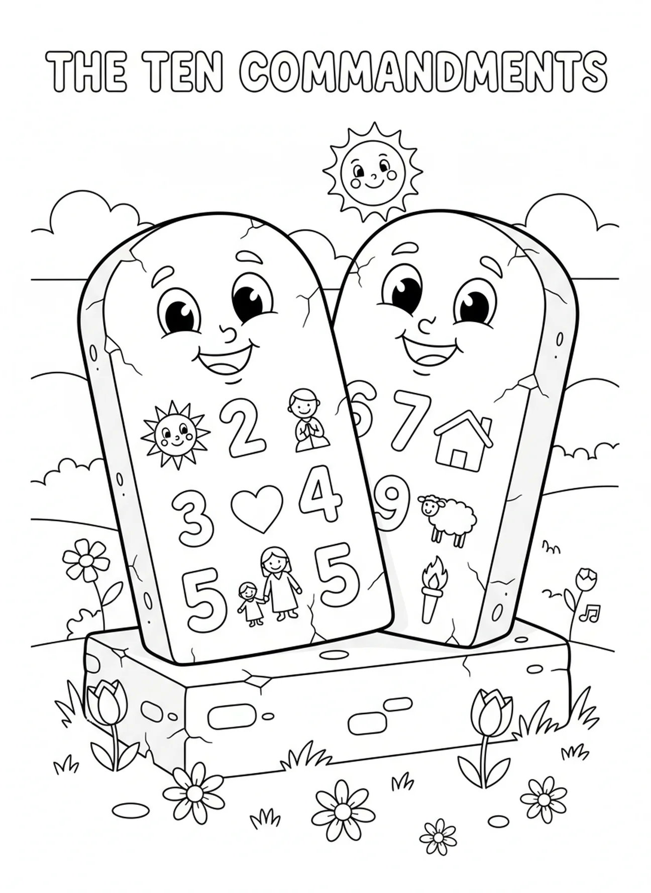 Zwei Steintafeln mit Geboten, Ausmalbild der Zehn Gebote für Kinder im Alter von 5-10 Jahren.