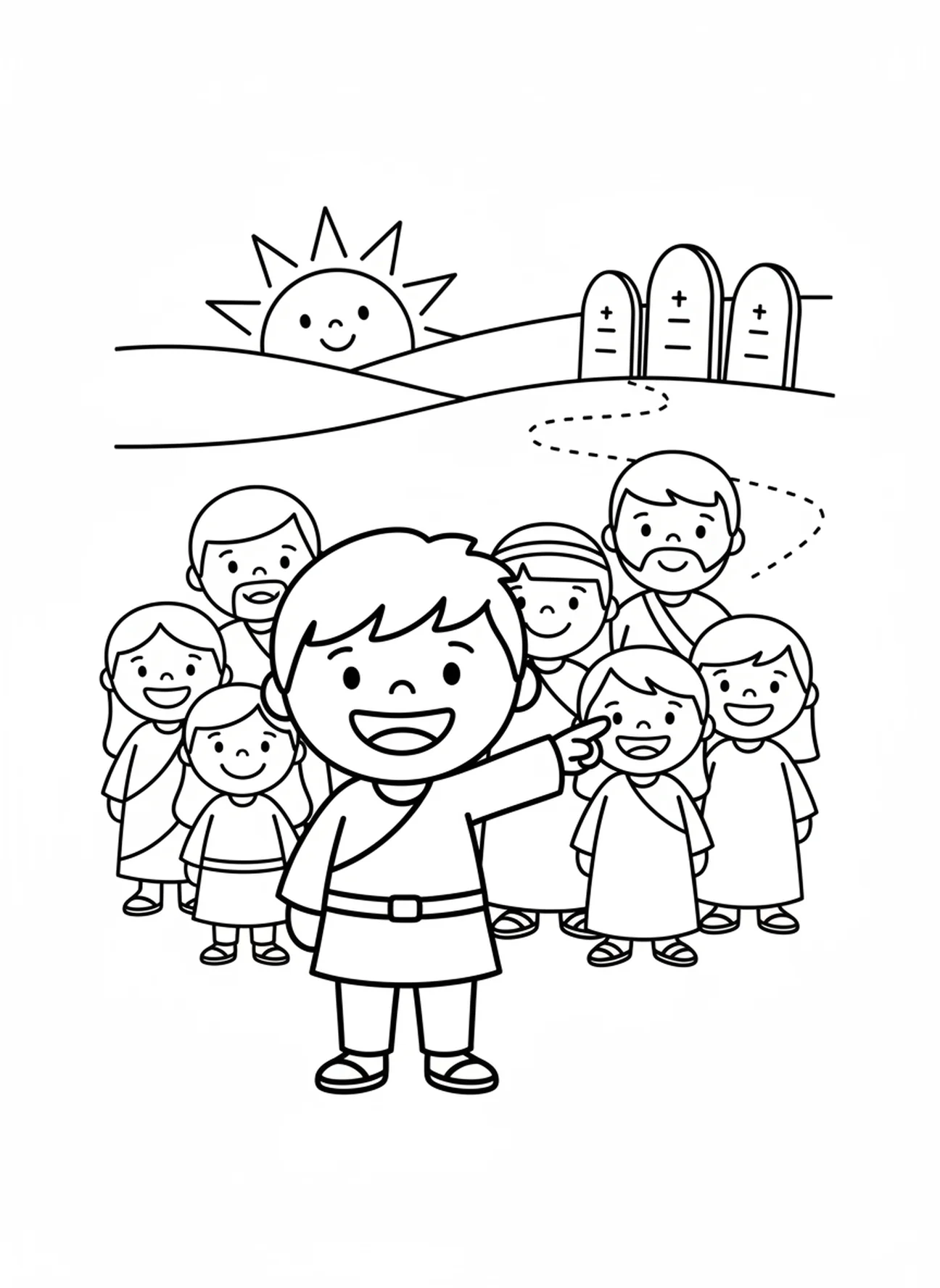 Lächelnder Josua, Ausmalbild der Zehn Gebote für Vorschulkinder im Alter von 3-5 Jahren