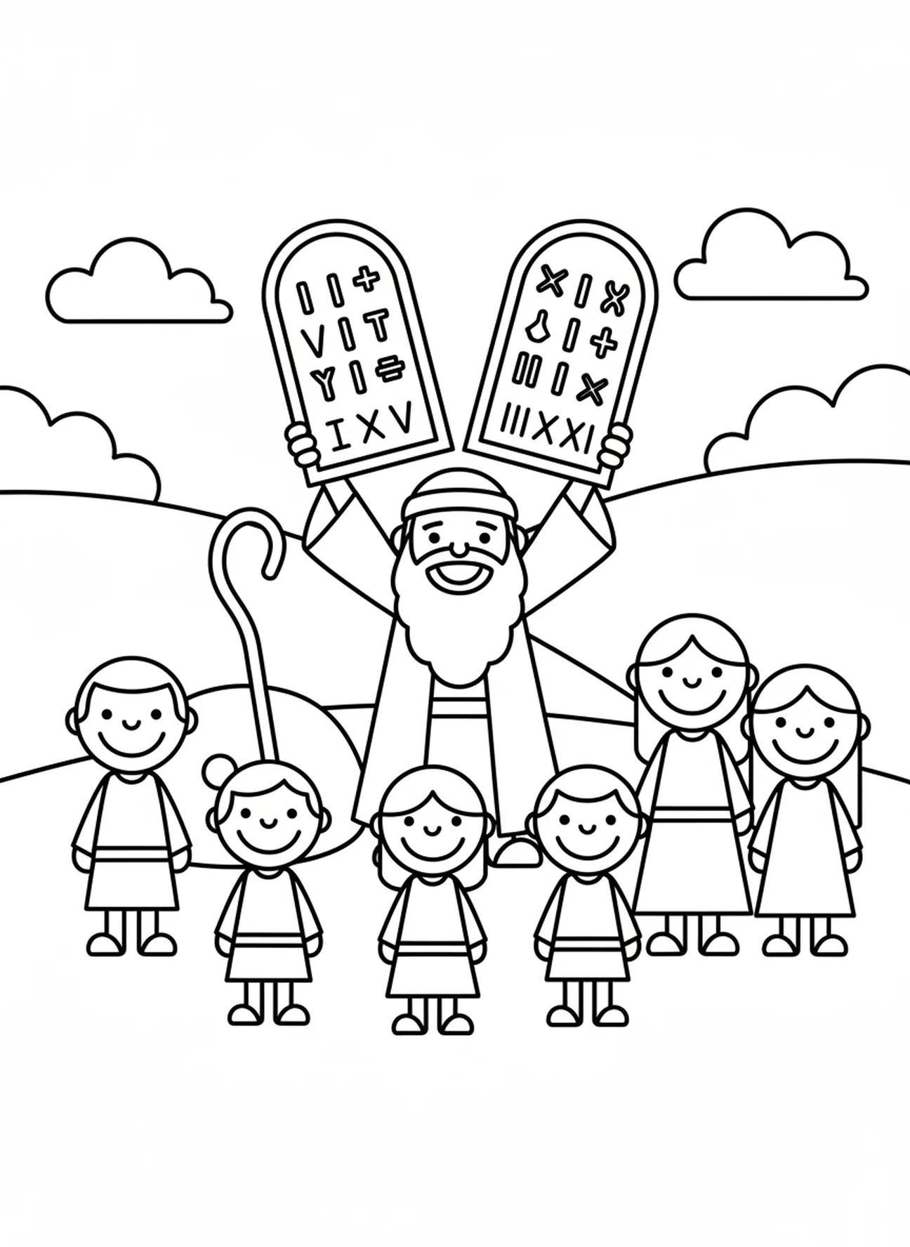 Gruppe von Menschen, Ausmalbild der Zehn Gebote für Vorschulkinder im Alter von 3-5 Jahren