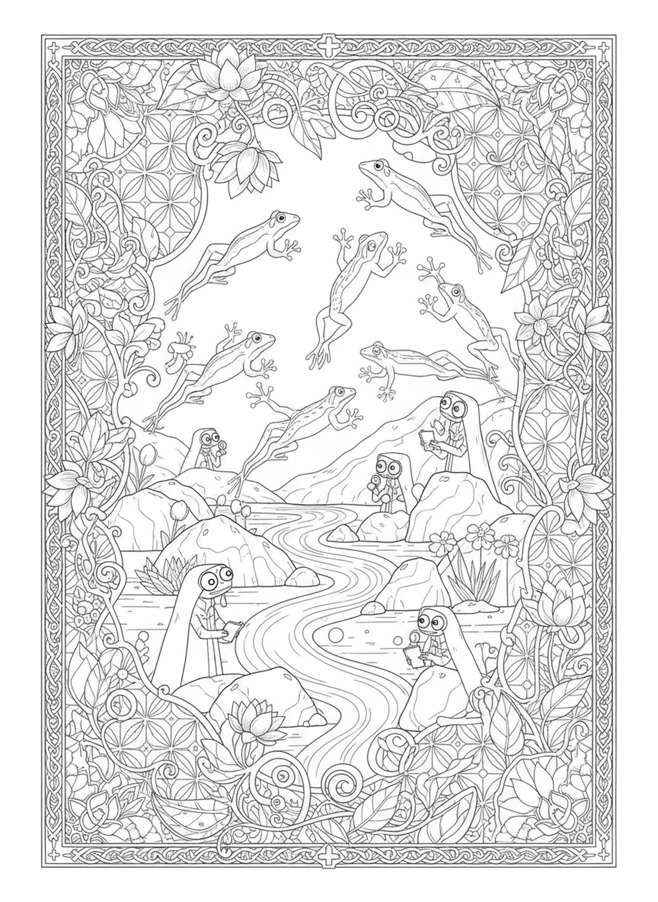 Frog invasion scene, Ten Plagues coloring page for adults Bible journaling style