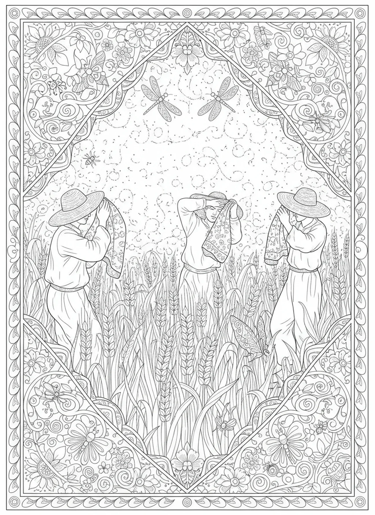 Gnats swarm over the field, Ten Plagues coloring page for adults Bible journaling style