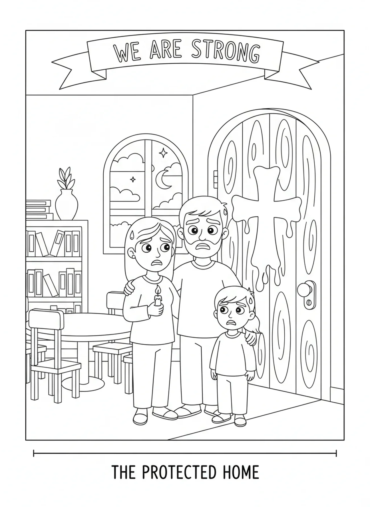 Anxious family at door, Ten Plagues coloring page for kids age 5-10.