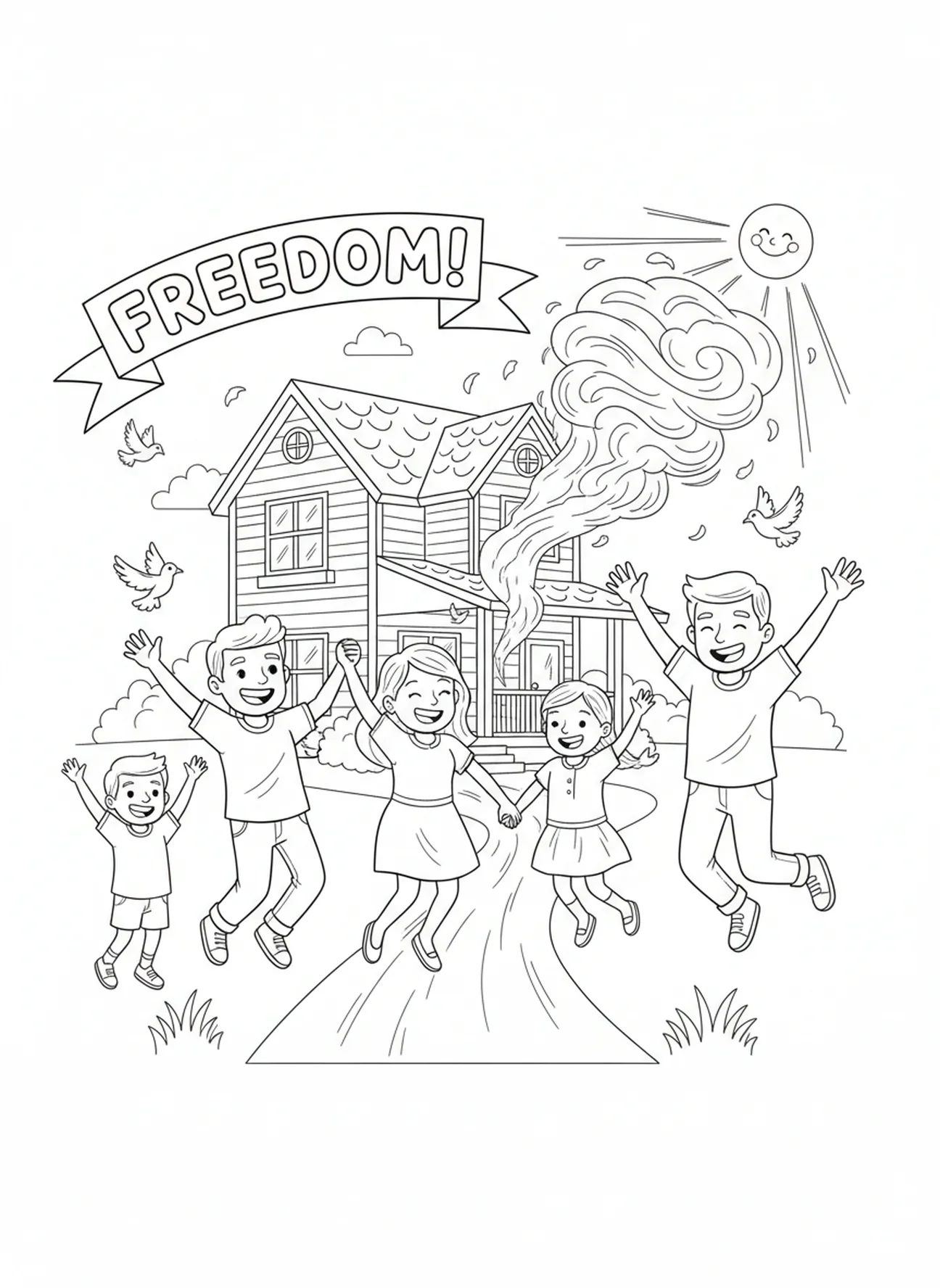 Joyful family celebrating, Ten Plagues coloring page for kids age 5-10.