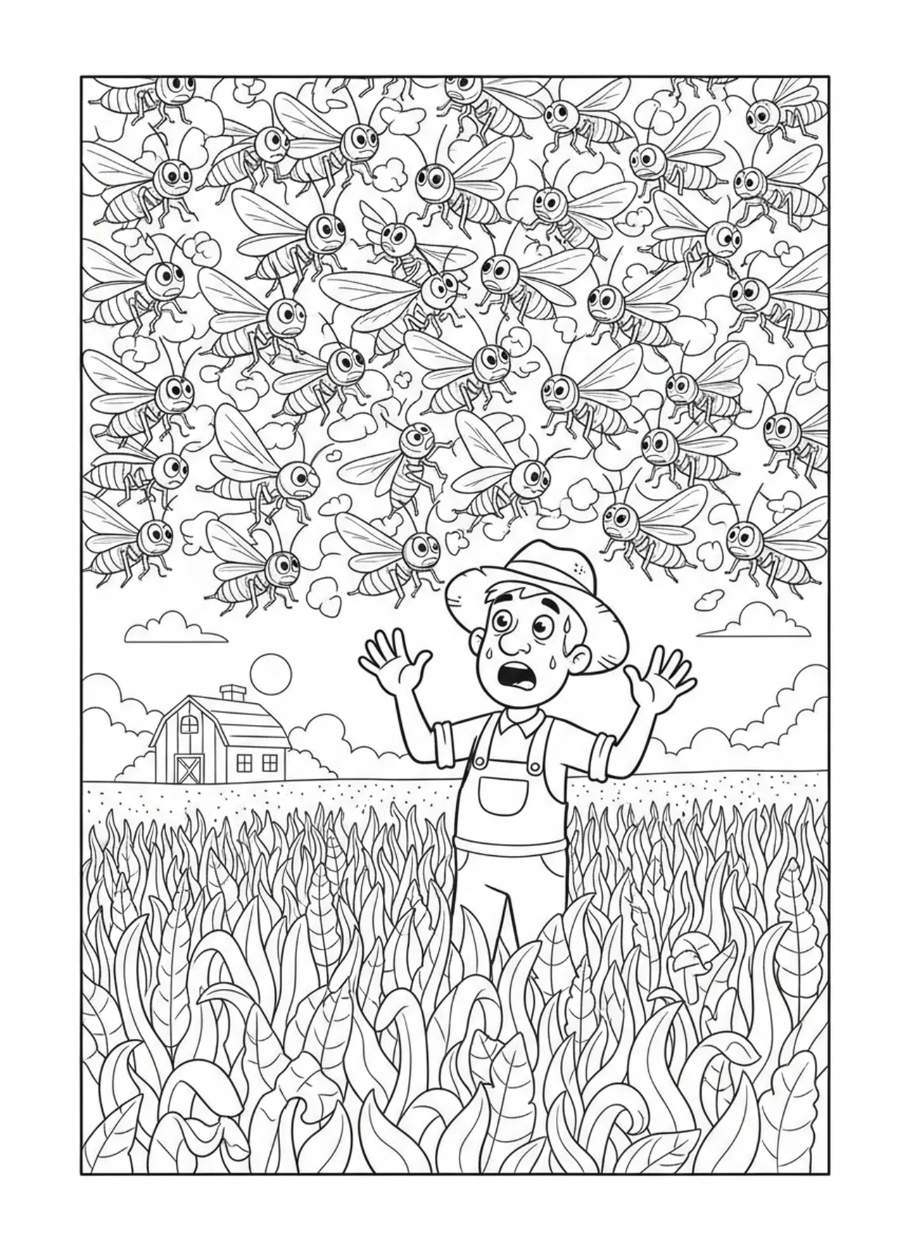 Worried farmer and locusts, Ten Plagues coloring page for kids age 5-10.