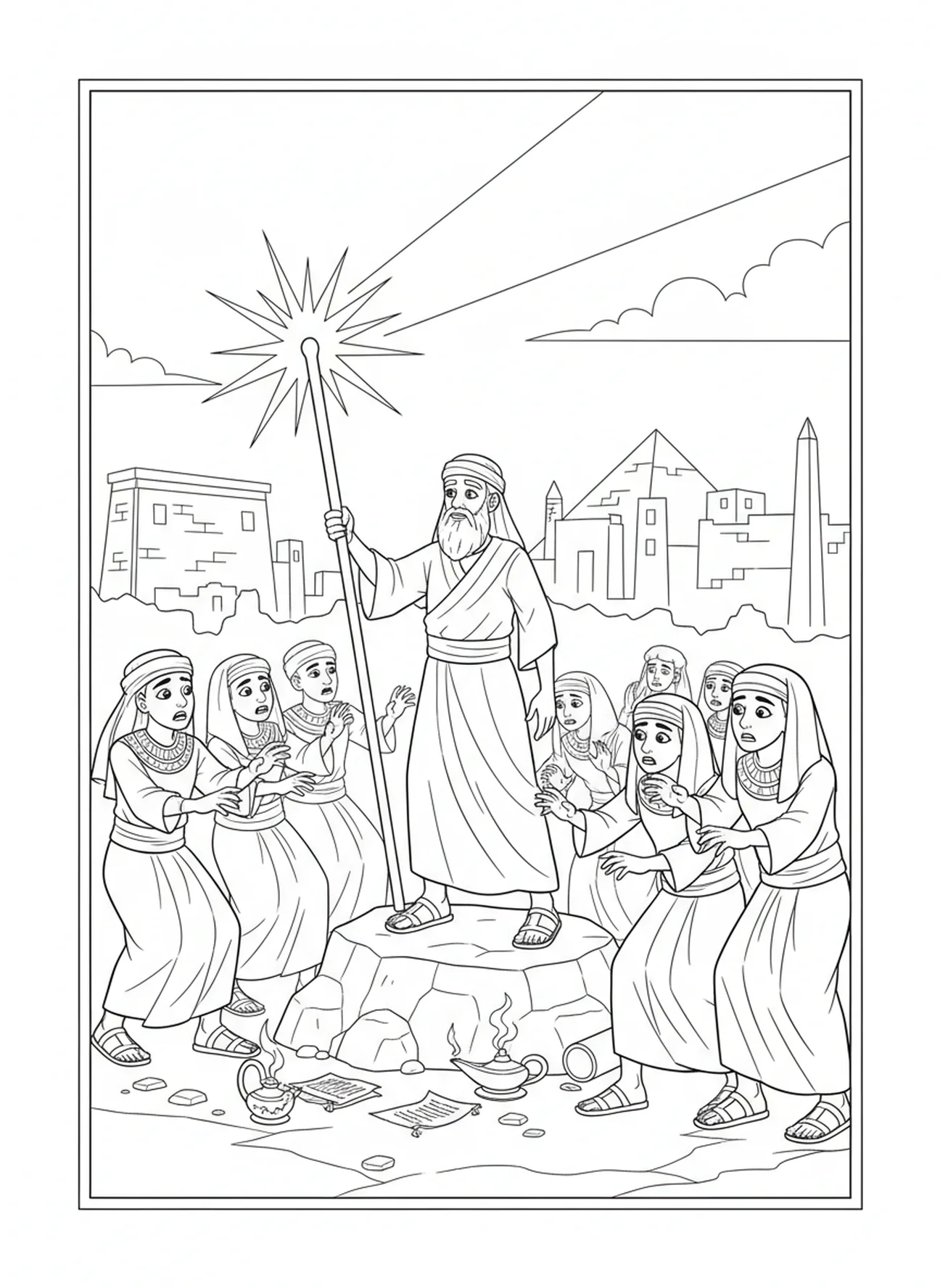 Moses in der Dunkelheit, Ausmalbild der zehn Plagen für Sonntagsschulkinder im Alter von 5-12 Jahren
