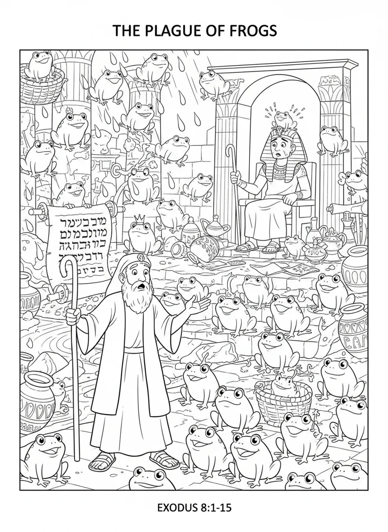 Cartoonfrösche überfallen, Ausmalbild zu den Zehn Plagen für Sonntagsschulkinder im Alter von 5-12 Jahren