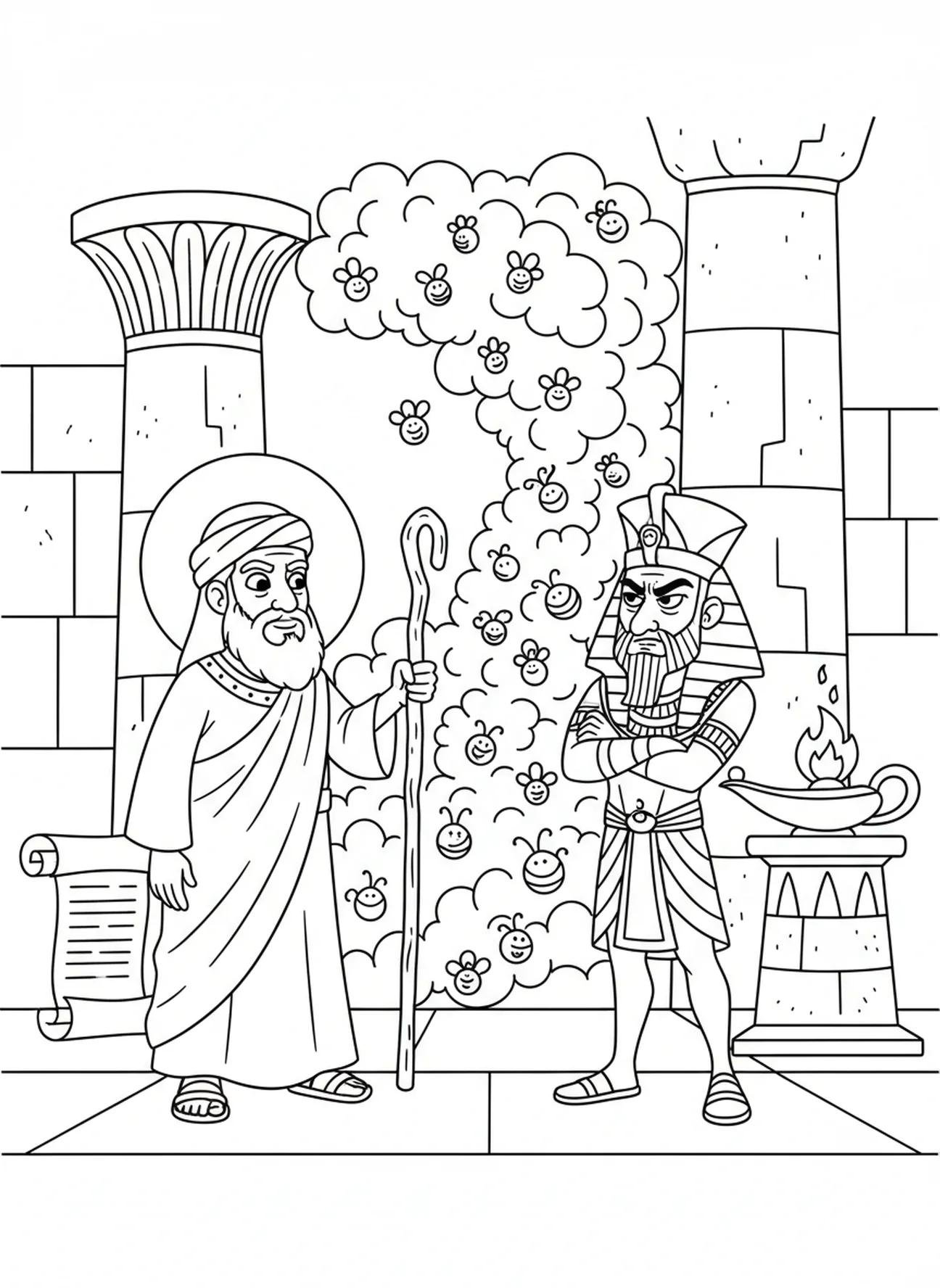 Moses mit einem Stab und Stechmücken, Ausmalbild der zehn Plagen für Sonntagsschulkinder im Alter von 5-12 Jahren