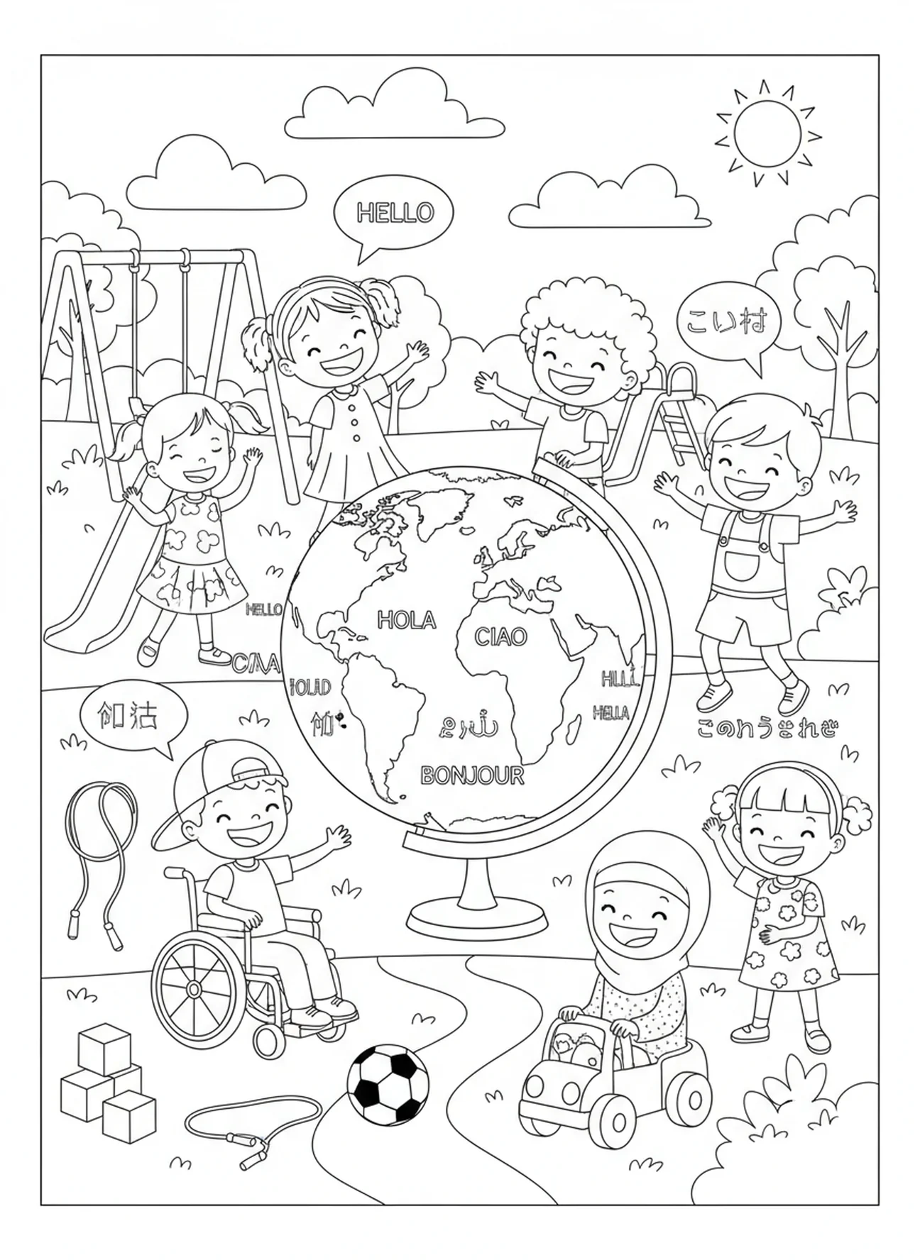 Kinder spielen, Ausmalbild vom Turm zu Babel für Kinder im Alter von 5-10 Jahren