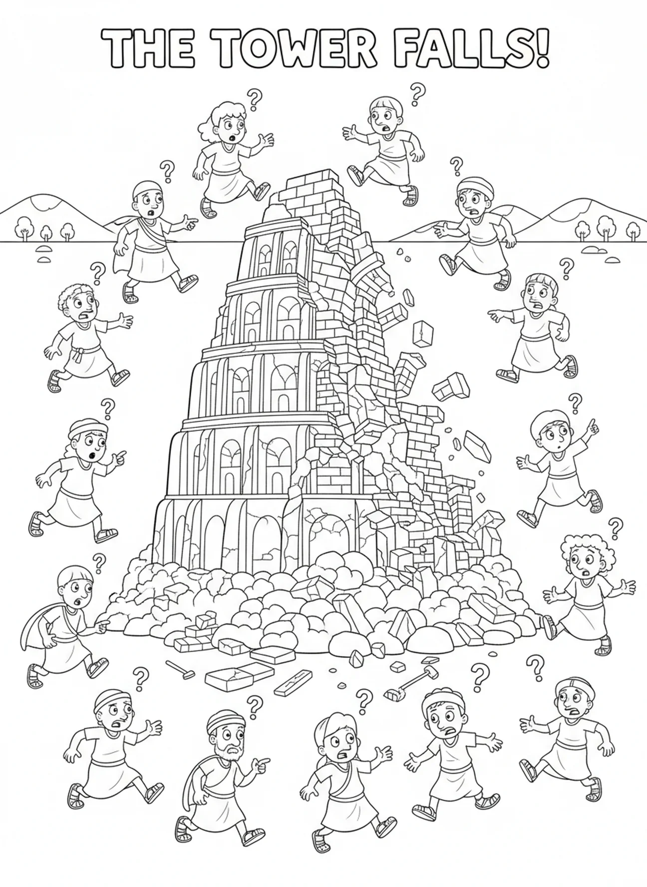 Verstreute Bauarbeiter, Turm von Babel Ausmalbild für Kinder im Alter von 5-10 Jahren