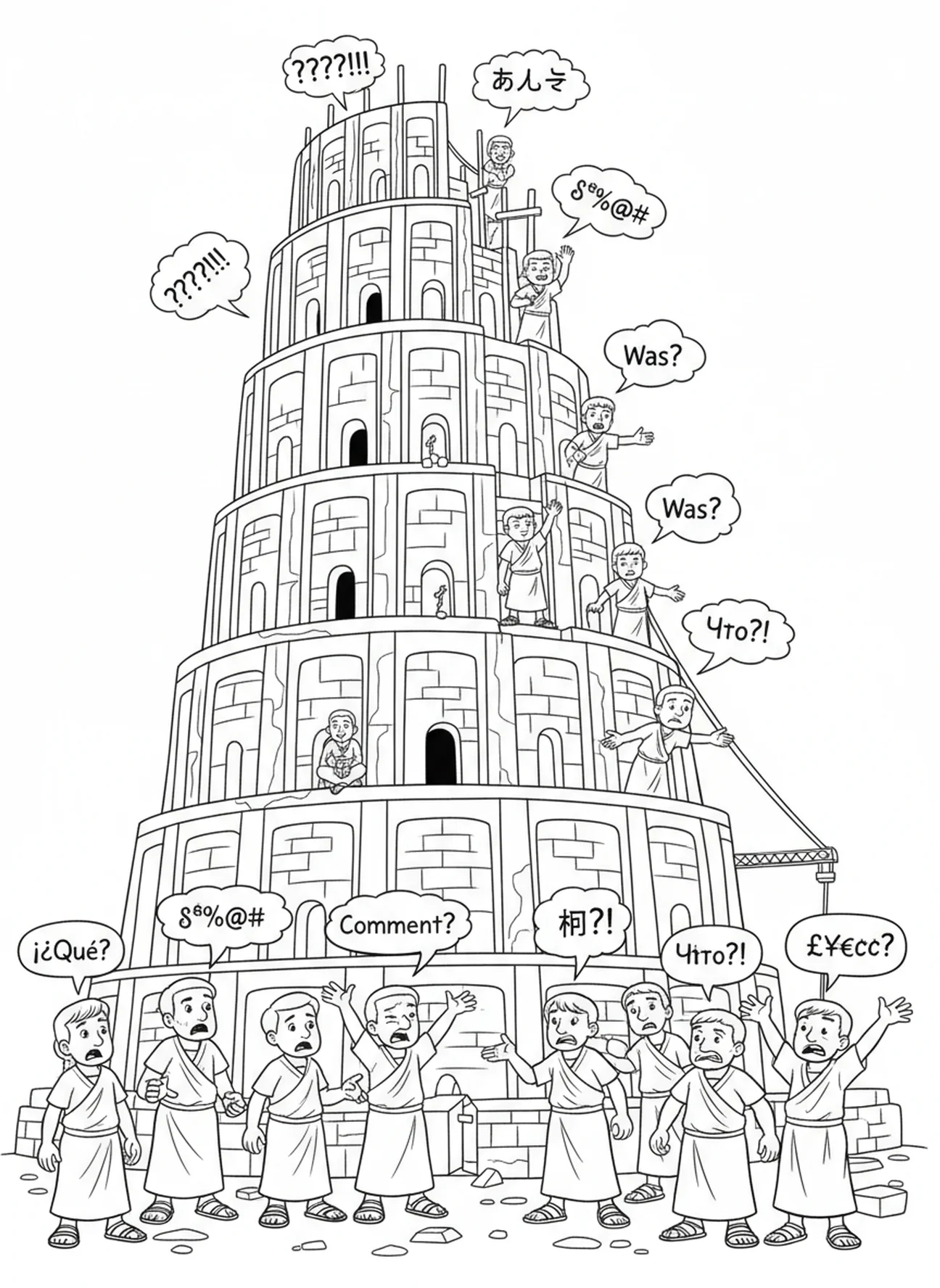 Verwirrte Bauarbeiter, Turm von Babel Malvorlage für Kinder im Alter von 5-10 Jahren