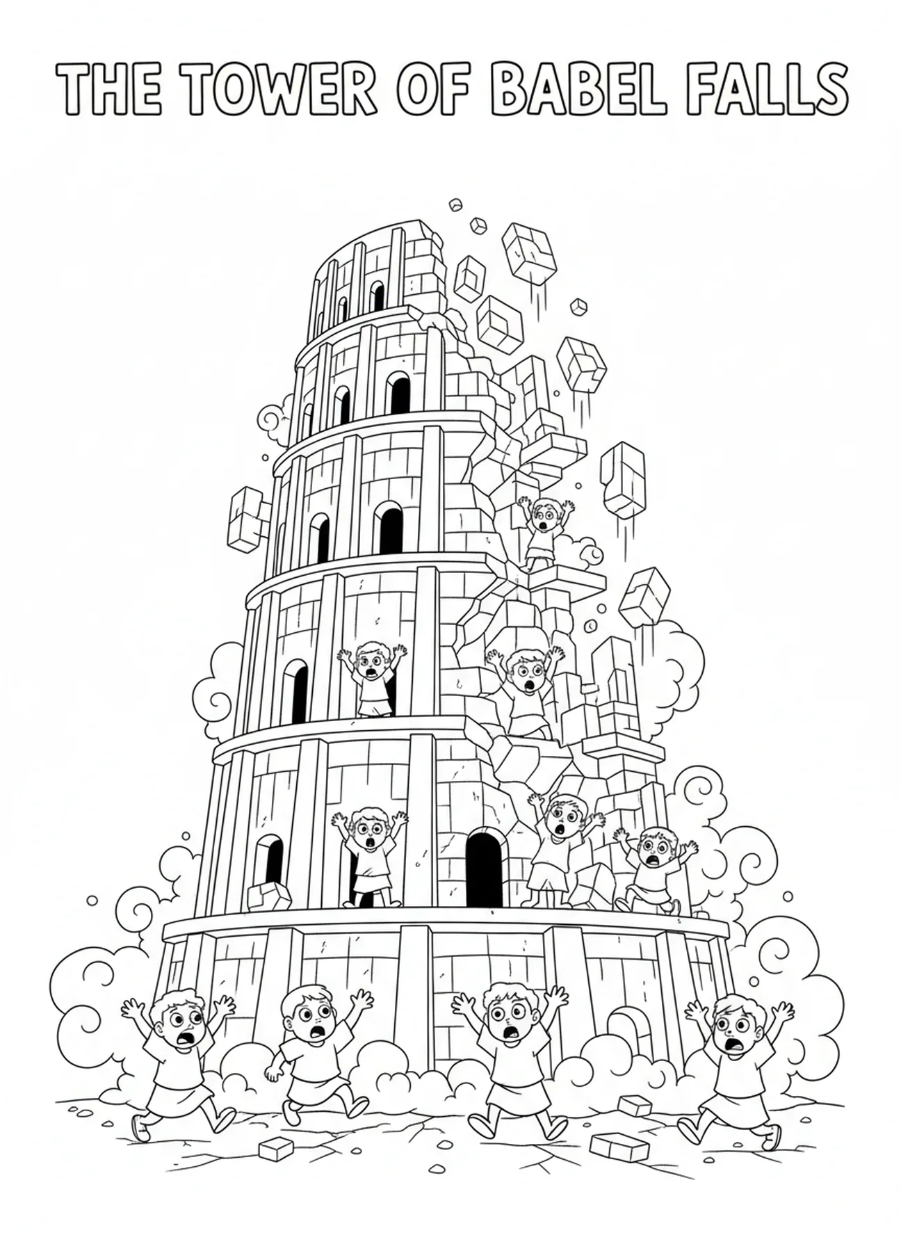 Fallende Ziegel, Turm von Babel Malvorlage für Kinder im Alter von 5-10 Jahren