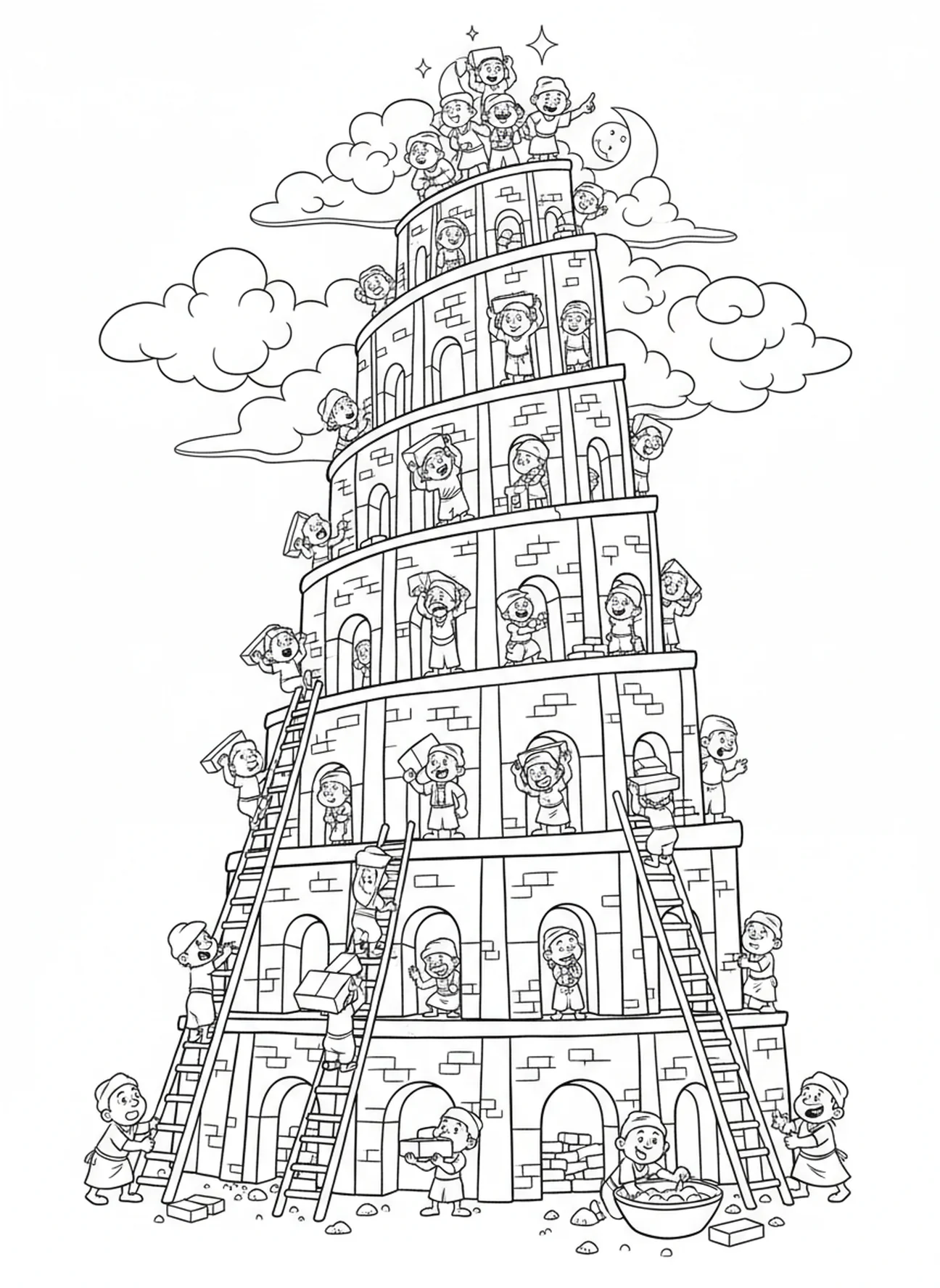 Majestätischer Turm, Malvorlage zum Turm von Babel für Kinder im Alter von 5-10 Jahren