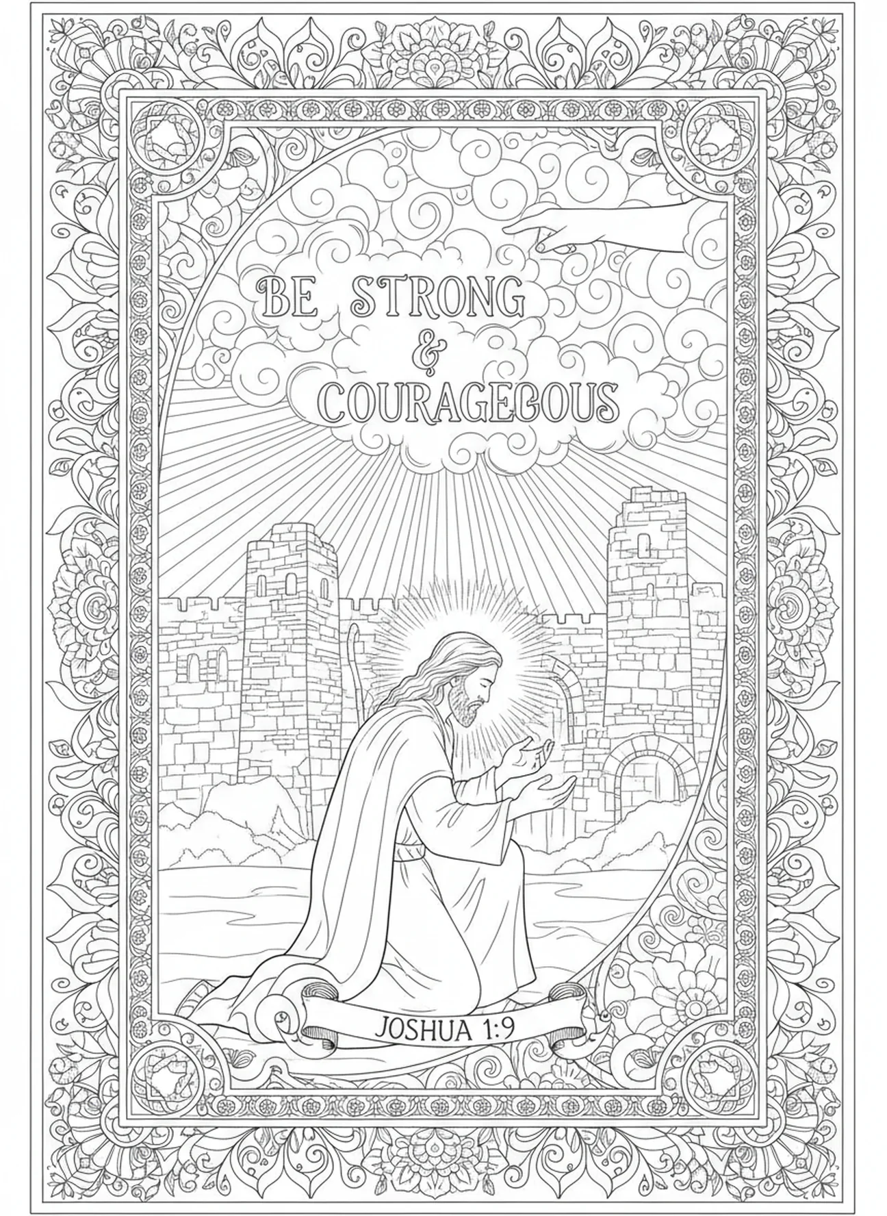 Josua empfängt Gottes Befehl, Ausmalbild der Mauern von Jericho im Stil des Bibel-Journaling für Erwachsene.