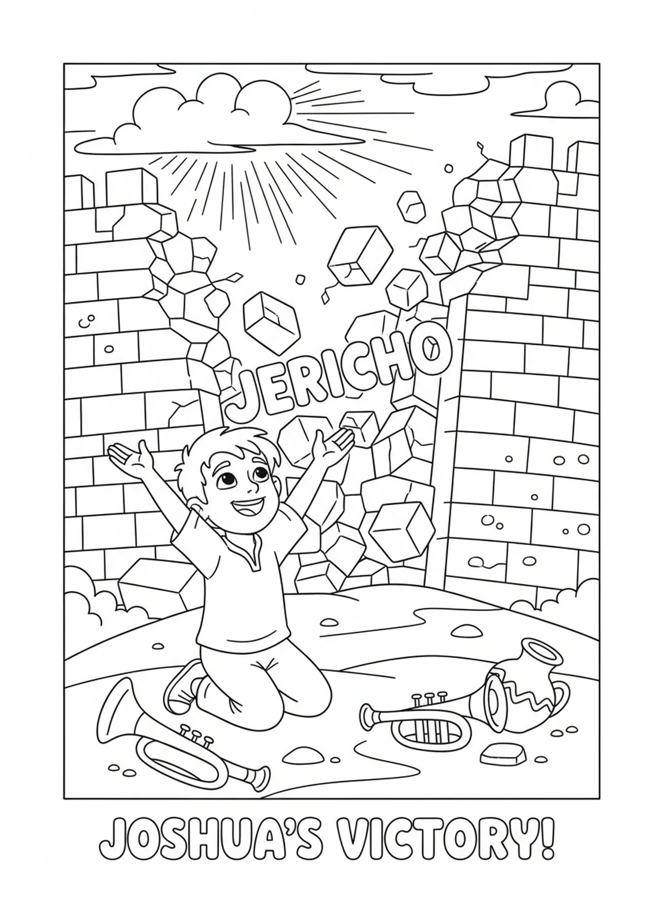 Joshua betet in Dankbarkeit, Ausmalbild der Mauern von Jericho für Kinder im Alter von 5-10 Jahren