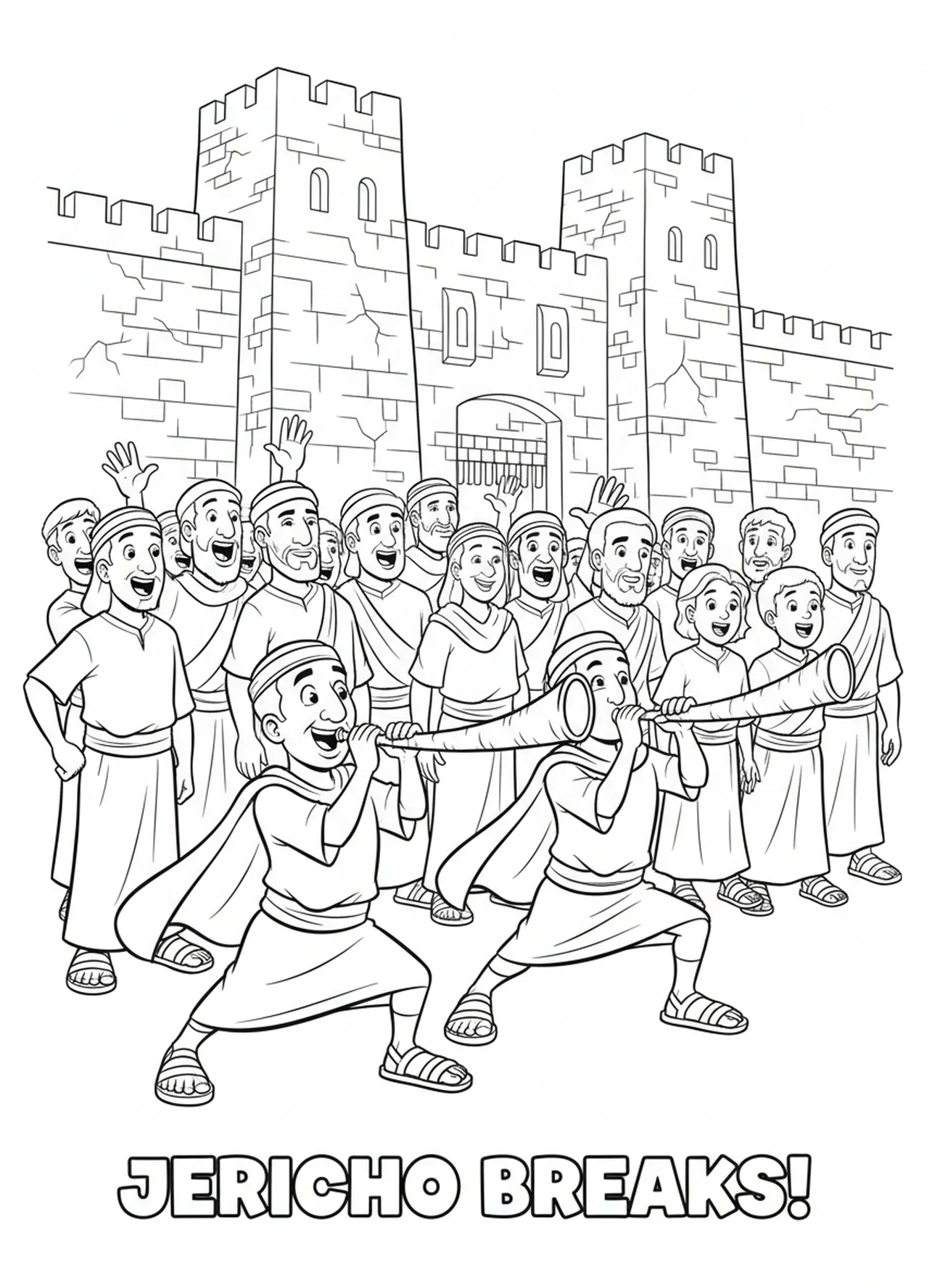 Karikatur-Trompeter mit Hörnern, Ausmalbild der Mauern von Jericho für Kinder im Alter von 5-10 Jahren