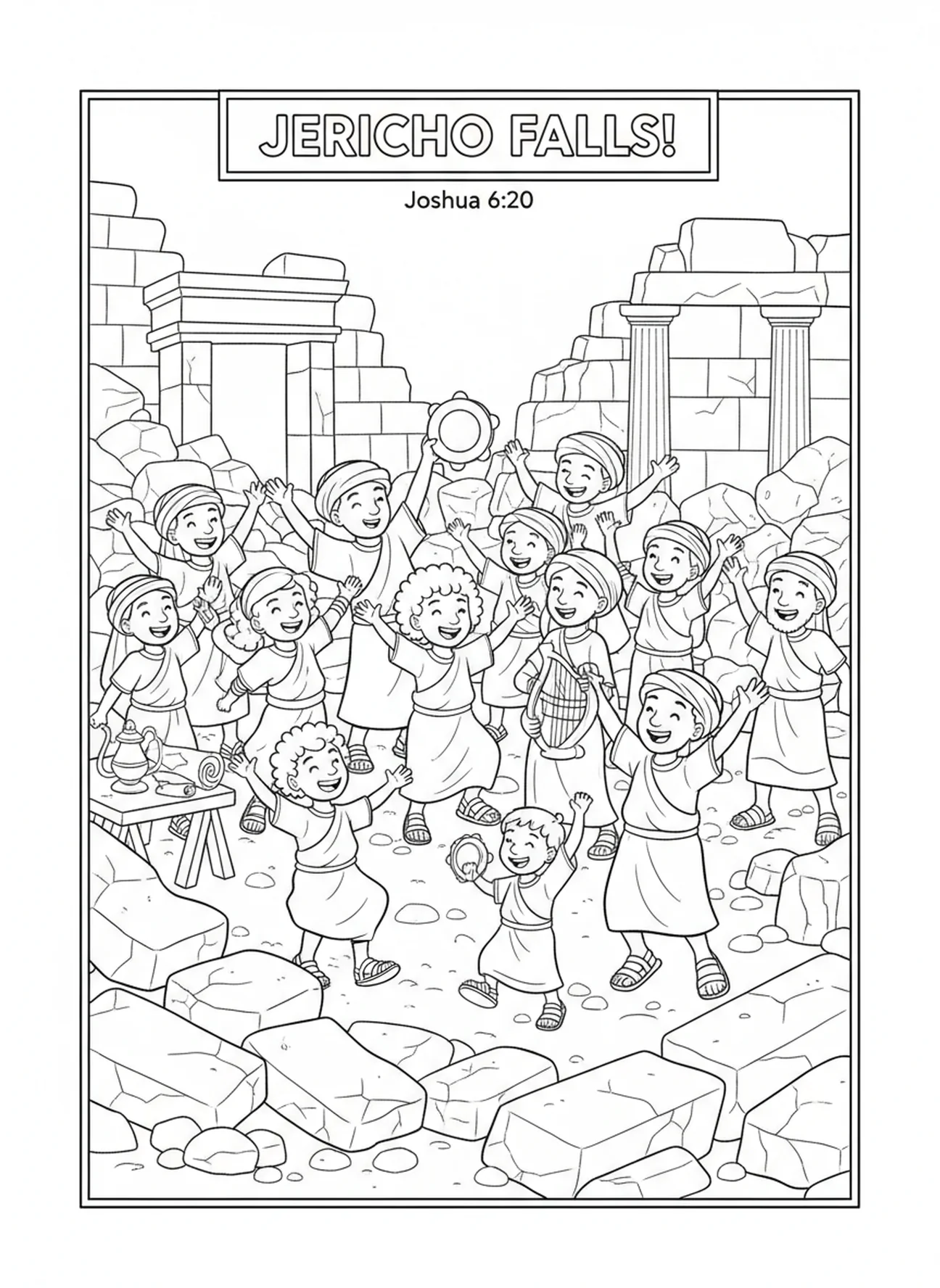 Celebrating Israelites, Walls Of Jericho coloring page for Sunday school children age 5-12