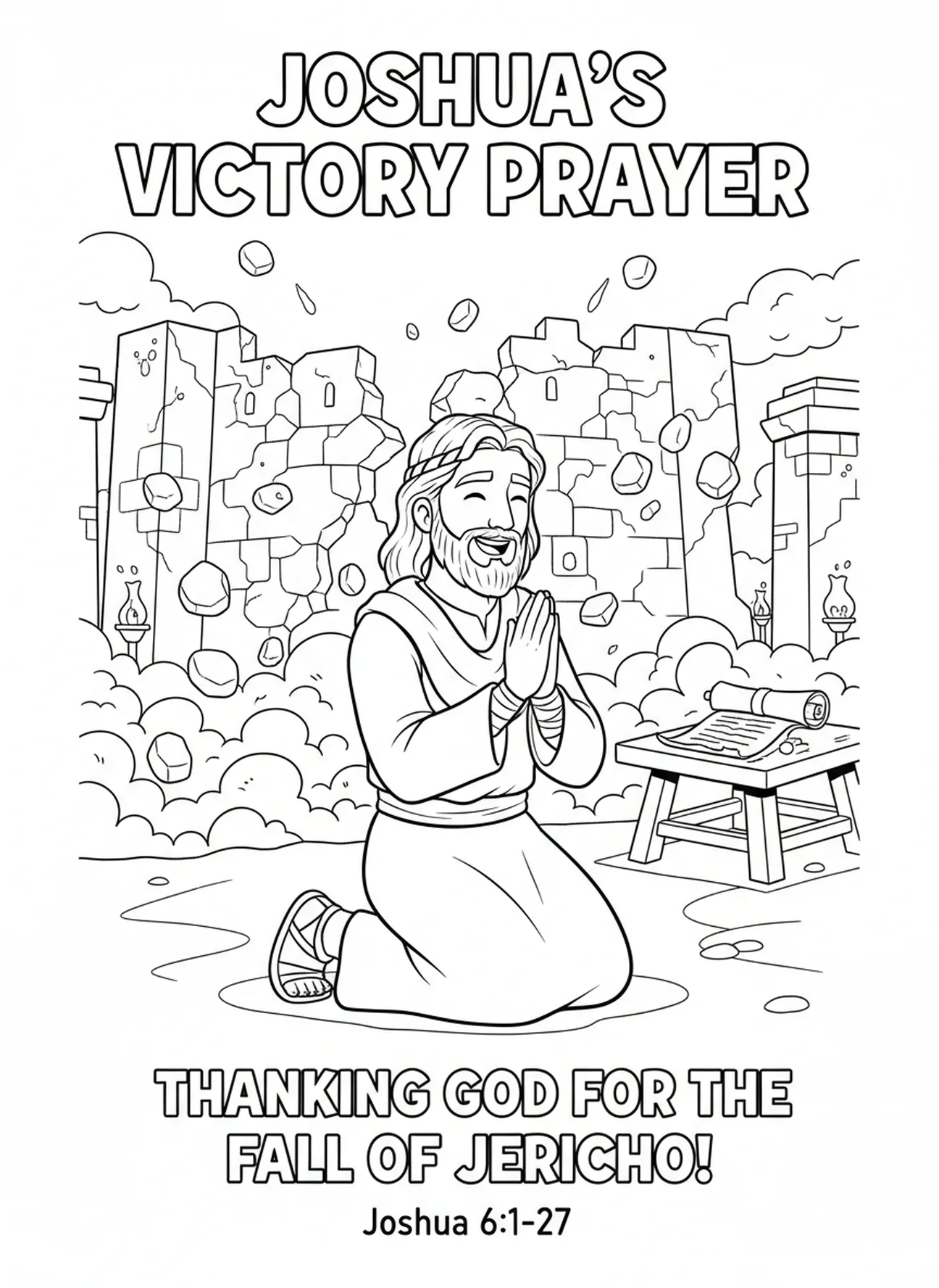Joshua praying, Walls Of Jericho coloring page for Sunday school children age 5-12