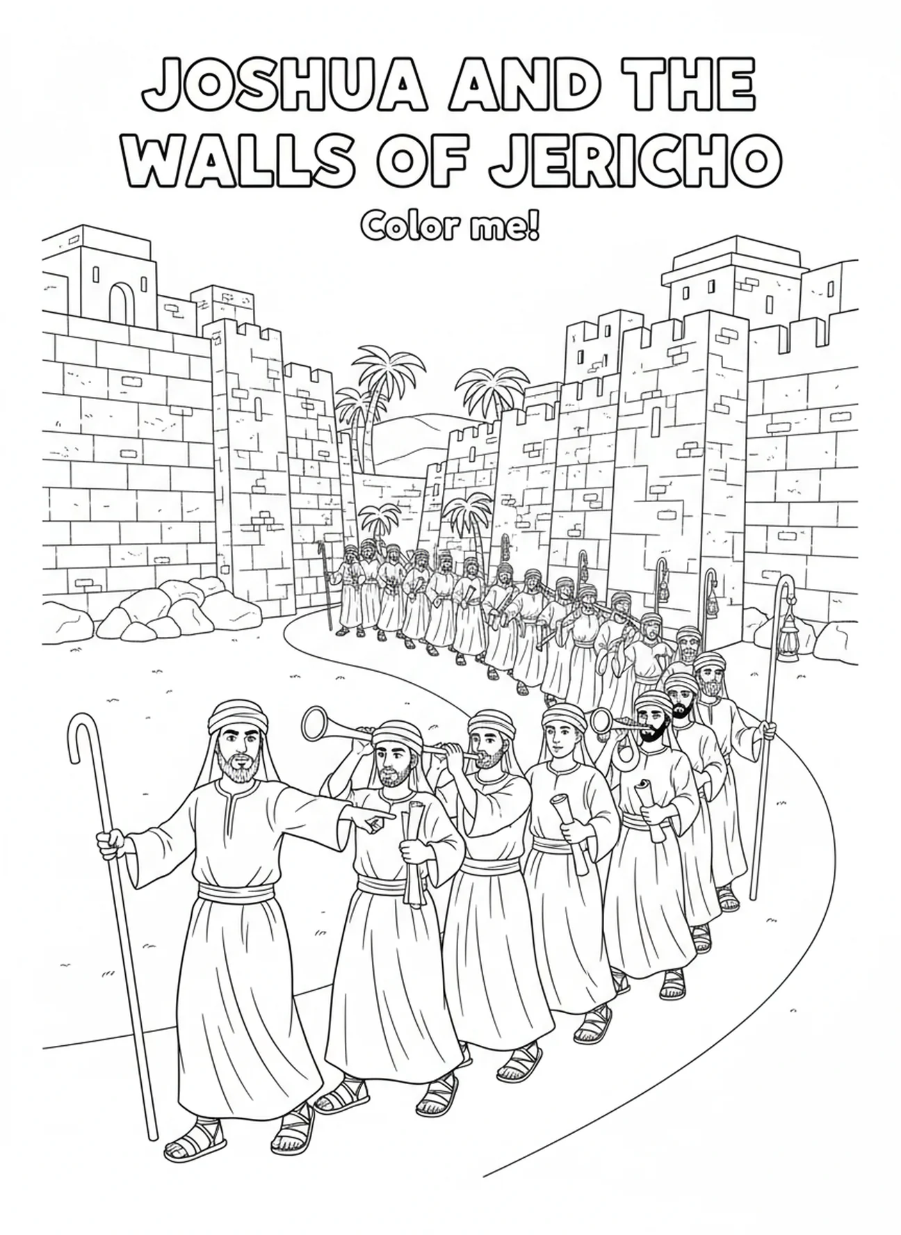 Israelites marching, Walls Of Jericho coloring page for Sunday school children age 5-12