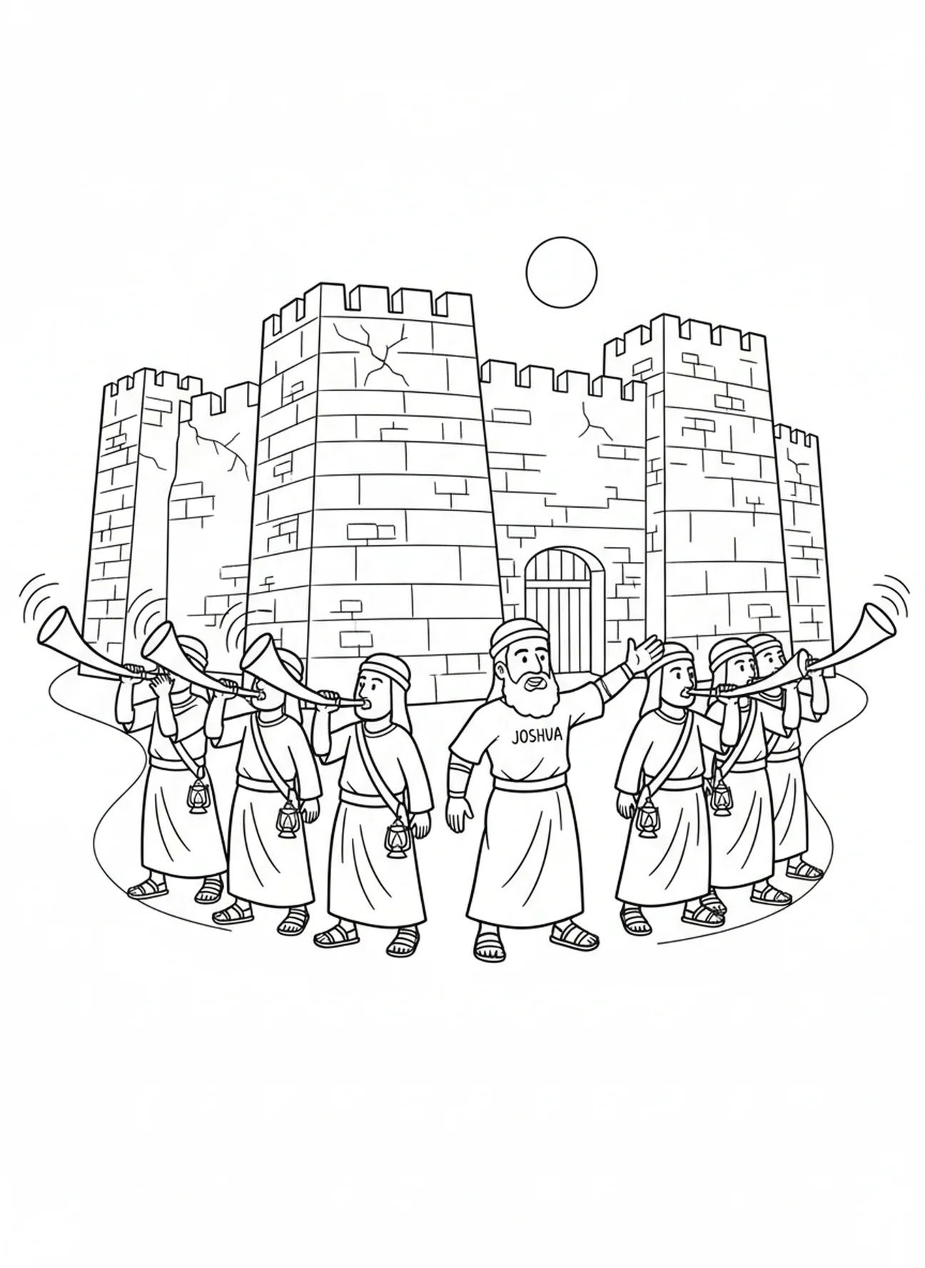 Israelites blowing trumpets, Walls Of Jericho coloring page for Sunday school children age 5-12