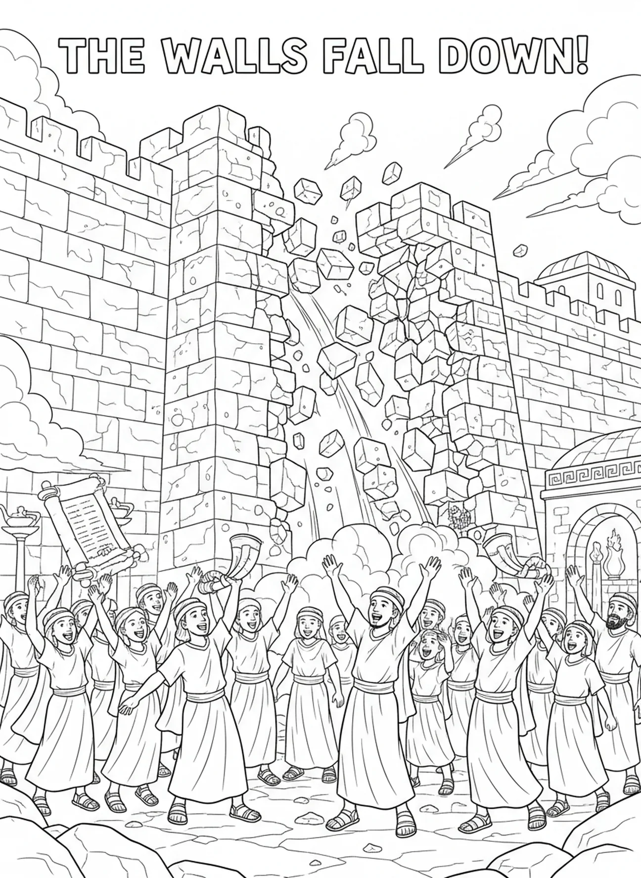 Falling walls of Jericho, Walls Of Jericho coloring page for Sunday school children age 5-12