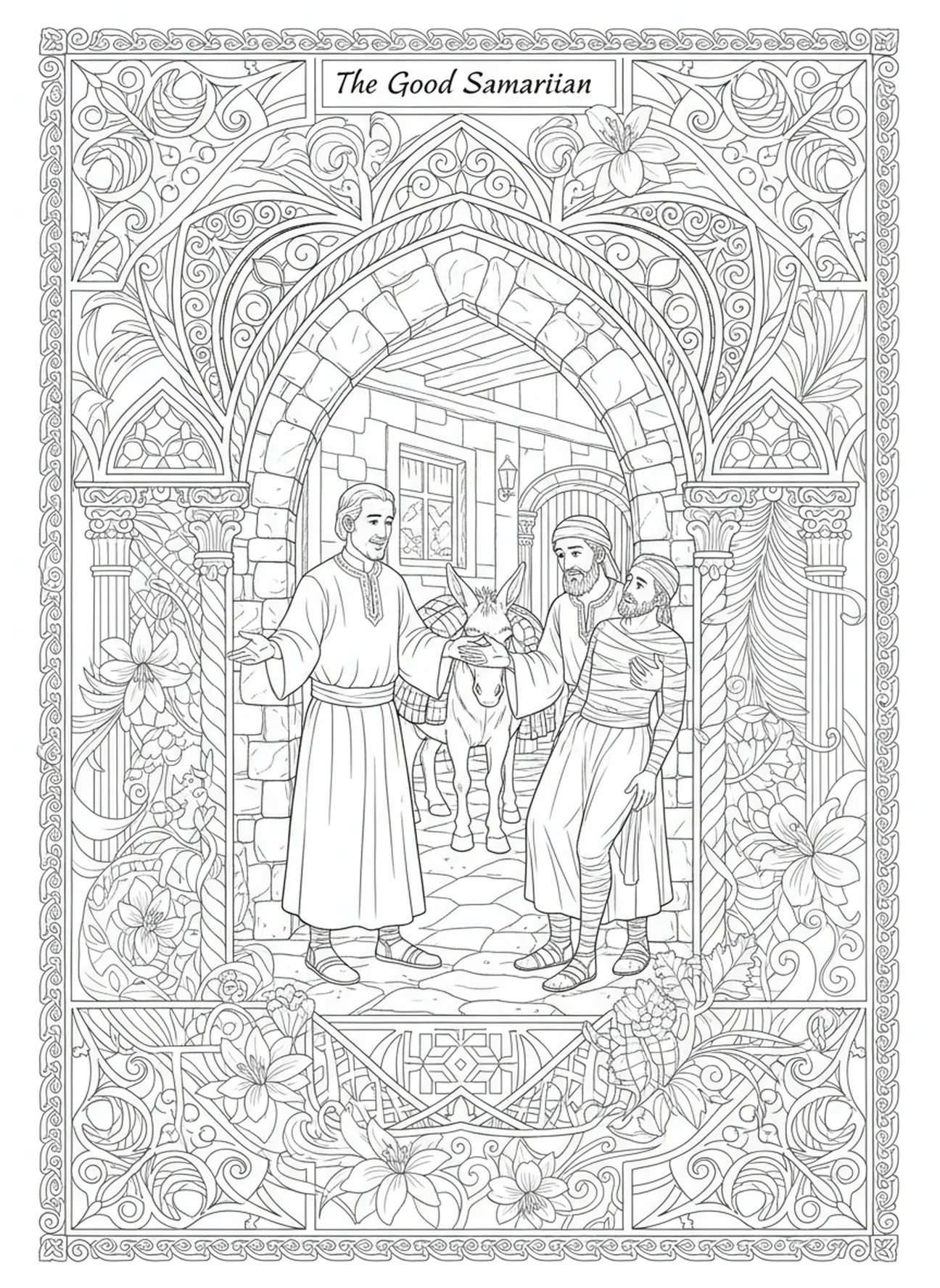 Innkeeper welcoming Samaritan and injured man, Good Samaritan coloring page for adults Bible journaling style.
