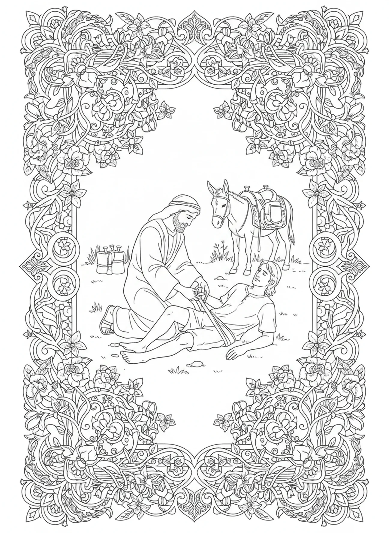 Samaritan bandaging an injured man, Good Samaritan coloring page for adults Bible journaling style.