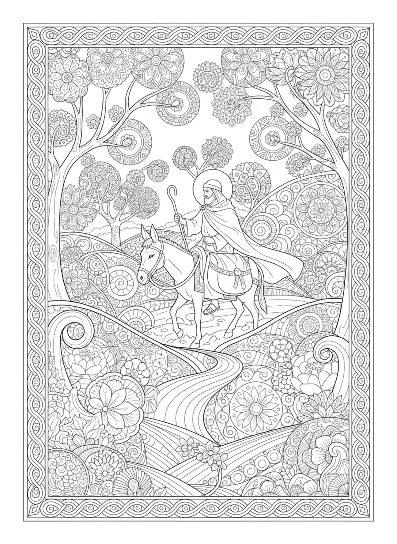 Samaritan on his donkey journeying home, Good Samaritan coloring page for adults Bible journaling style.