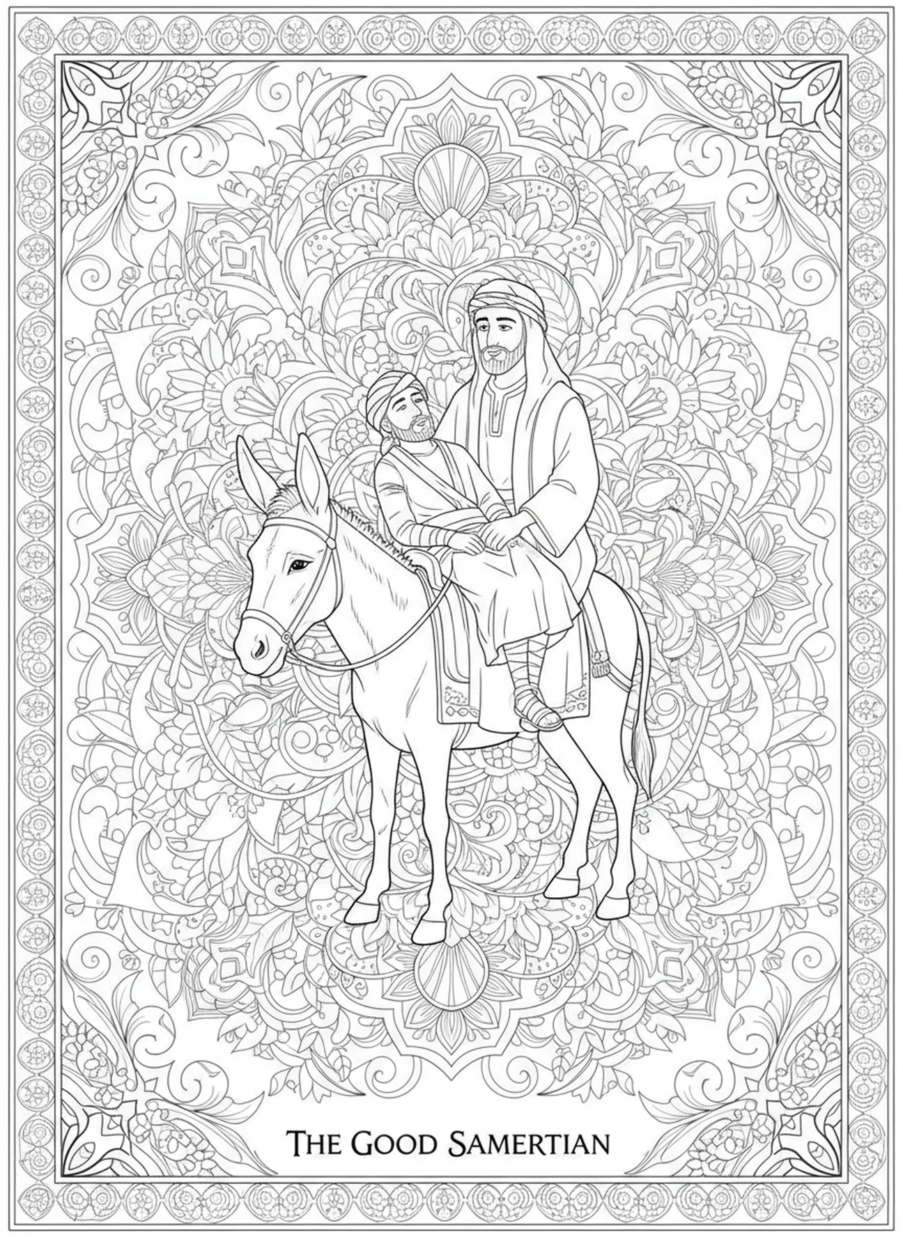 Samaritan riding a donkey, Good Samaritan coloring page for adults Bible journaling style.