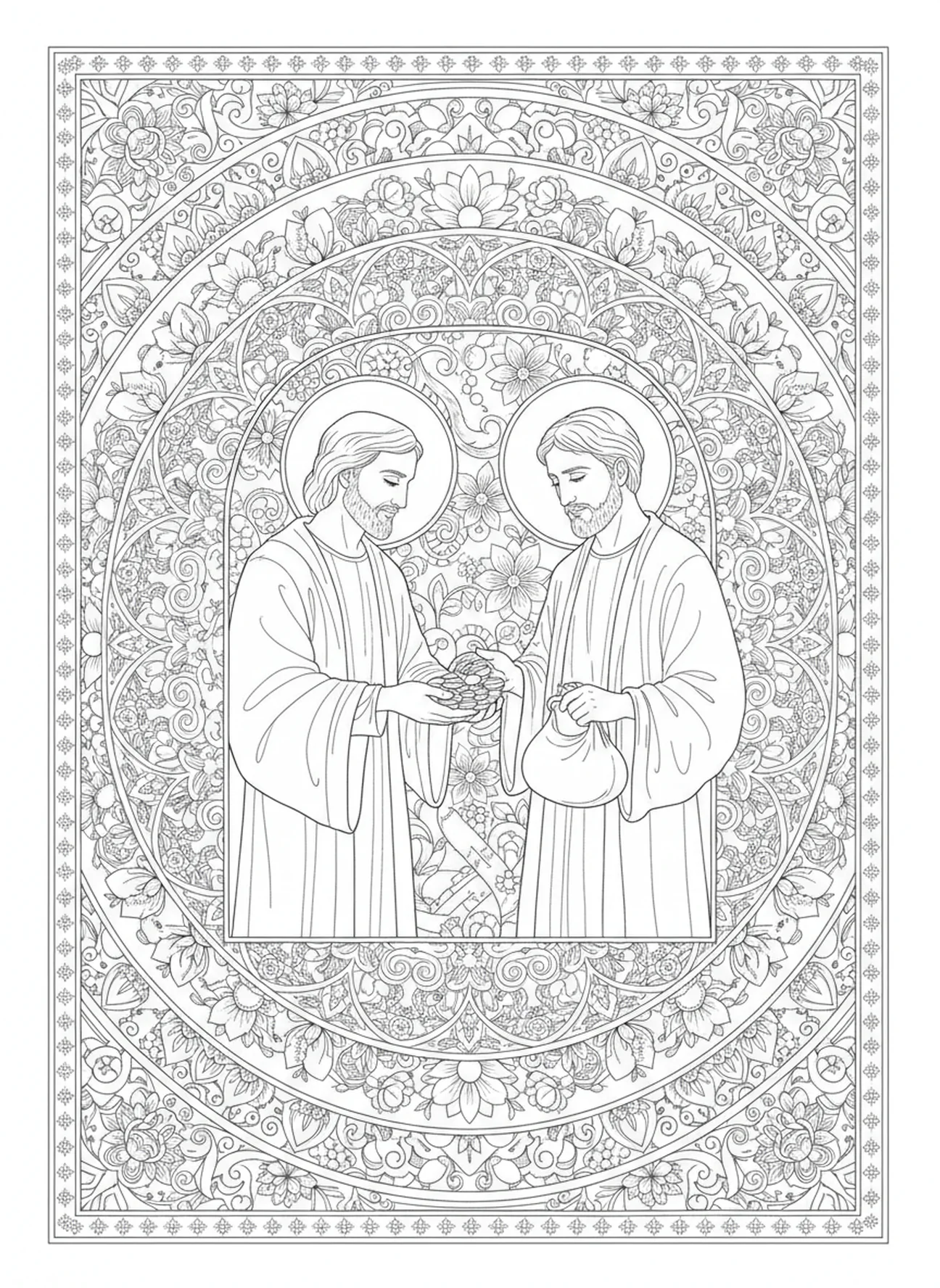 Samaritan paying the innkeeper, Good Samaritan coloring page for adults Bible journaling style.