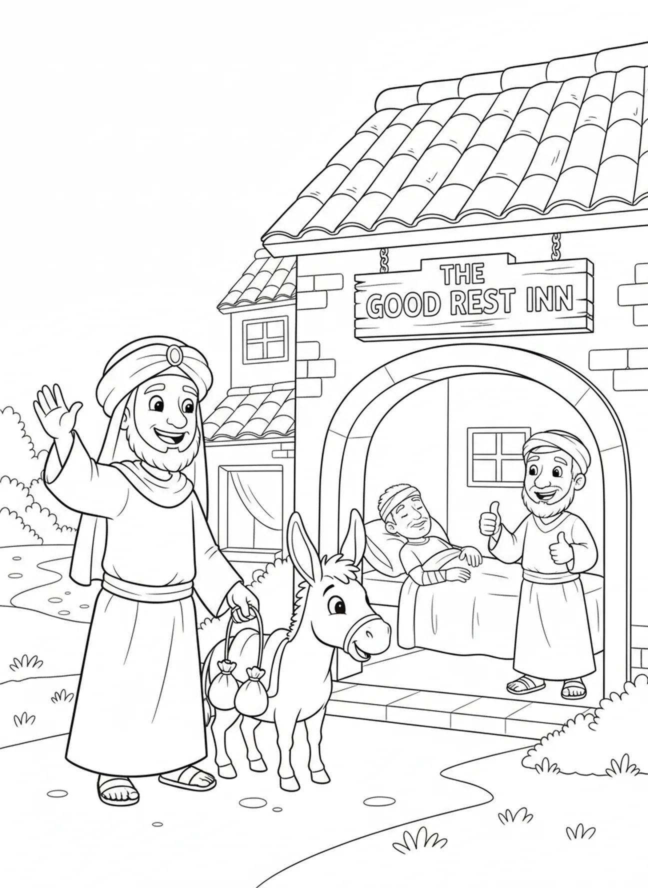 Samaritan waving goodbye, Good Samaritan coloring page for kids age 5-10