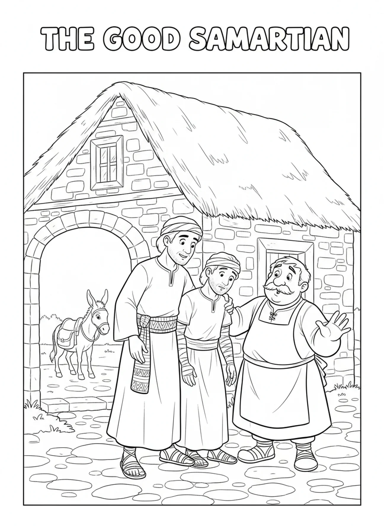 Samaritan arriving at inn with injured man, Good Samaritan coloring page for kids age 5-10