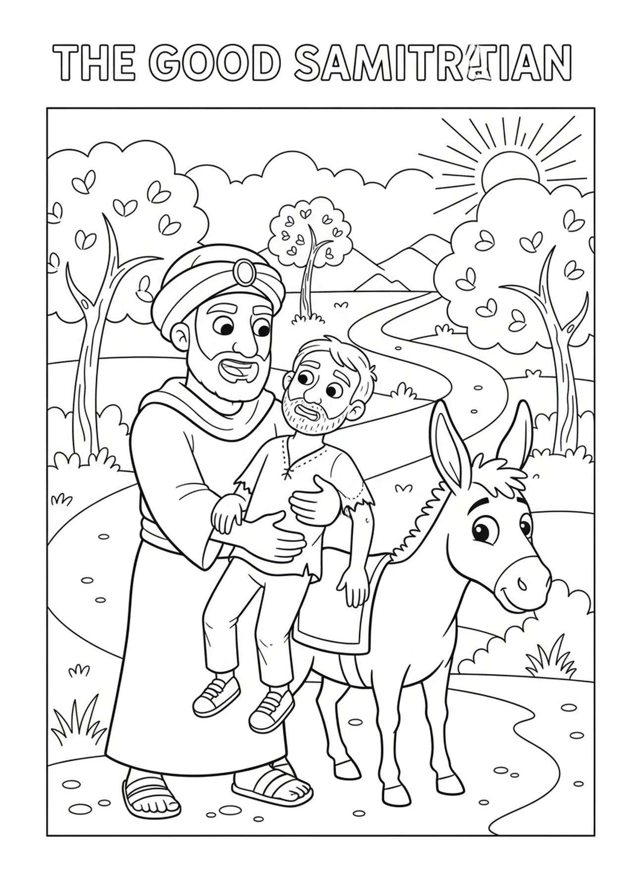 Samaritan lifting injured man onto donkey, Good Samaritan coloring page for kids age 5-10
