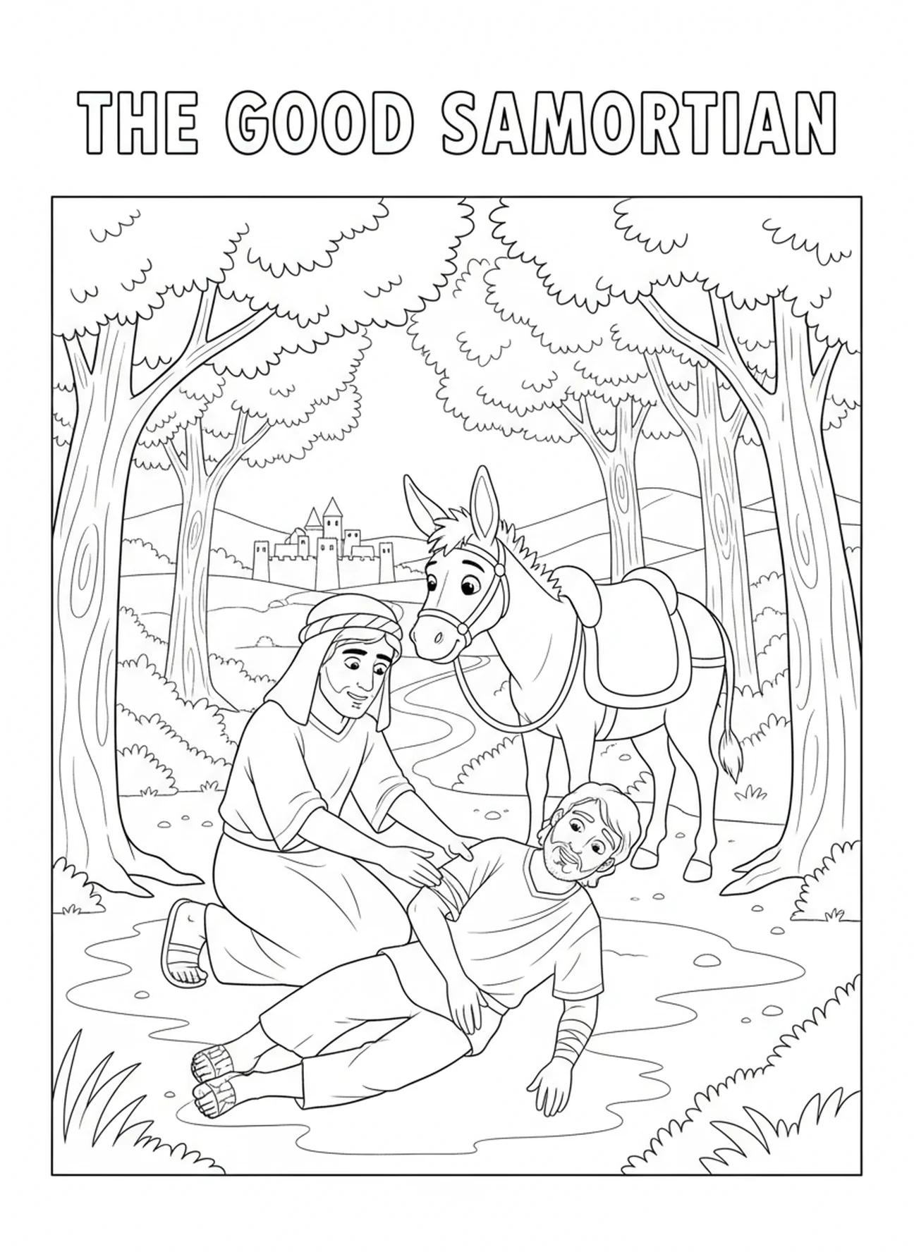 Kind Samaritan helping injured man, Good Samaritan coloring page for kids age 5-10