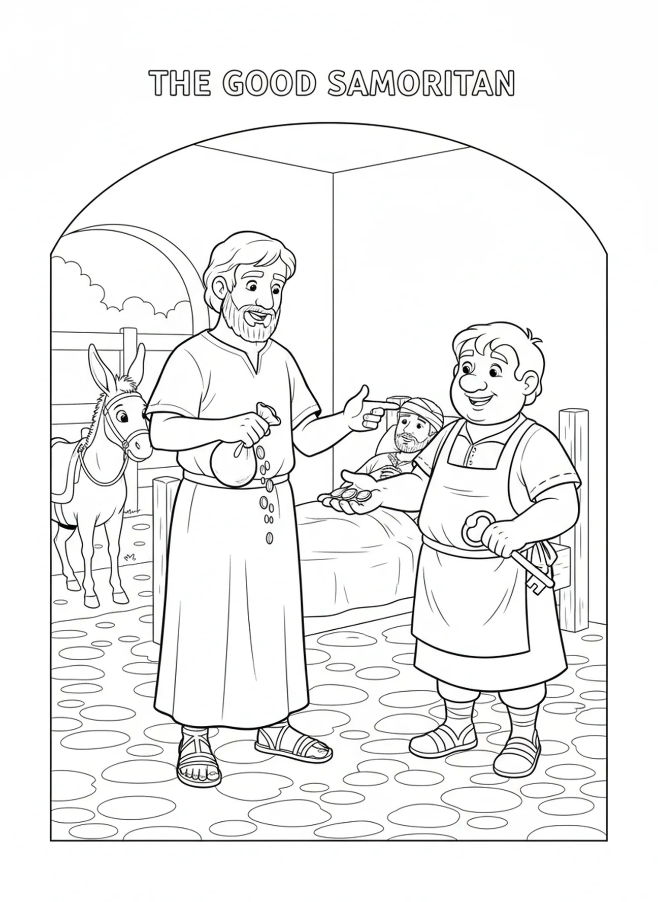 Samaritan paying innkeeper for care, Good Samaritan coloring page for kids age 5-10