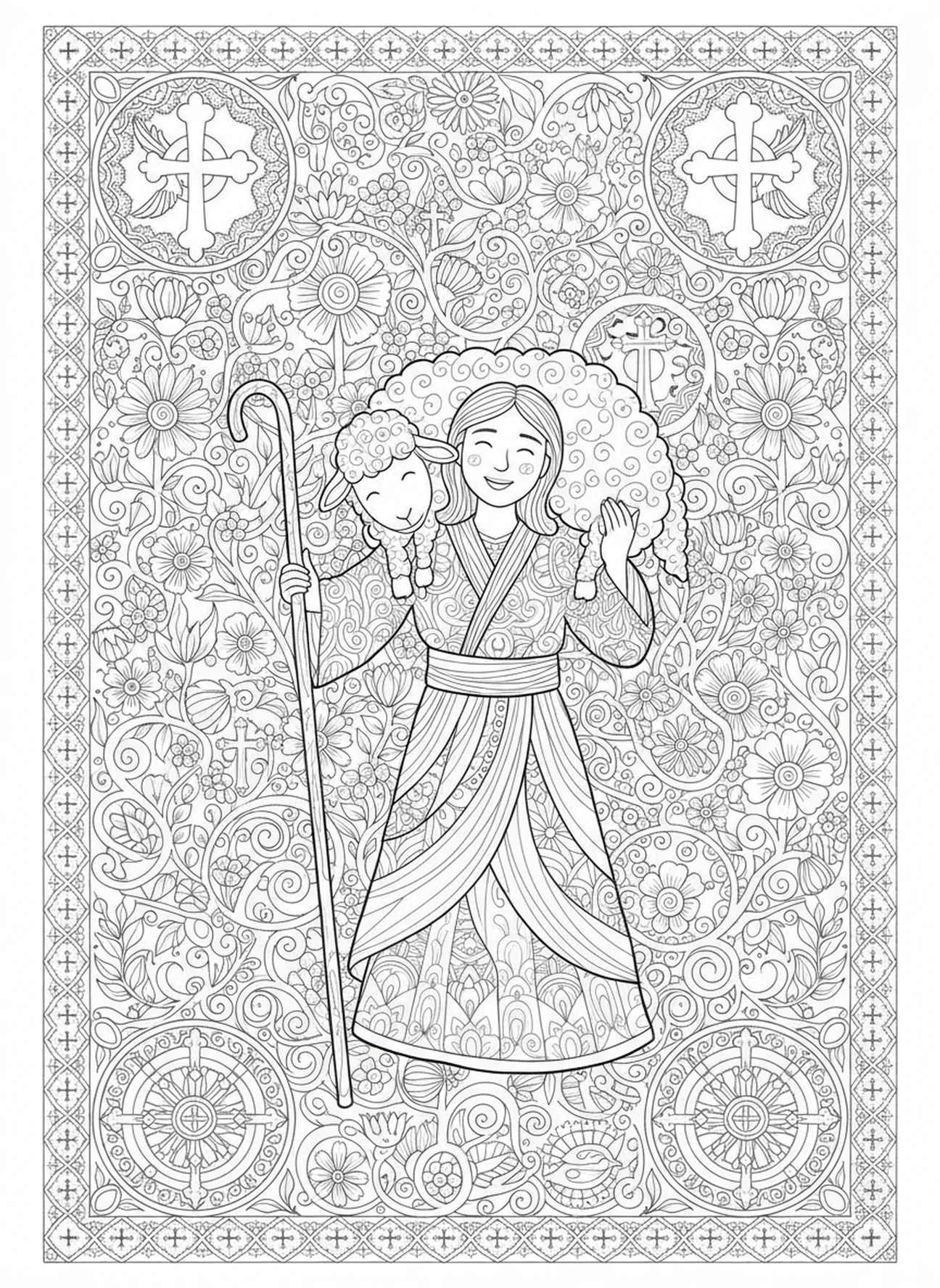 Shepherd carrying sheep, Good Shepherd coloring page for adults Bible journaling style.