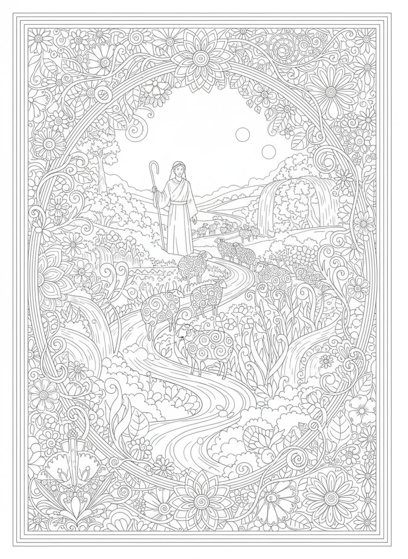 Shepherd leading to pastures, Good Shepherd coloring page for adults Bible journaling style.