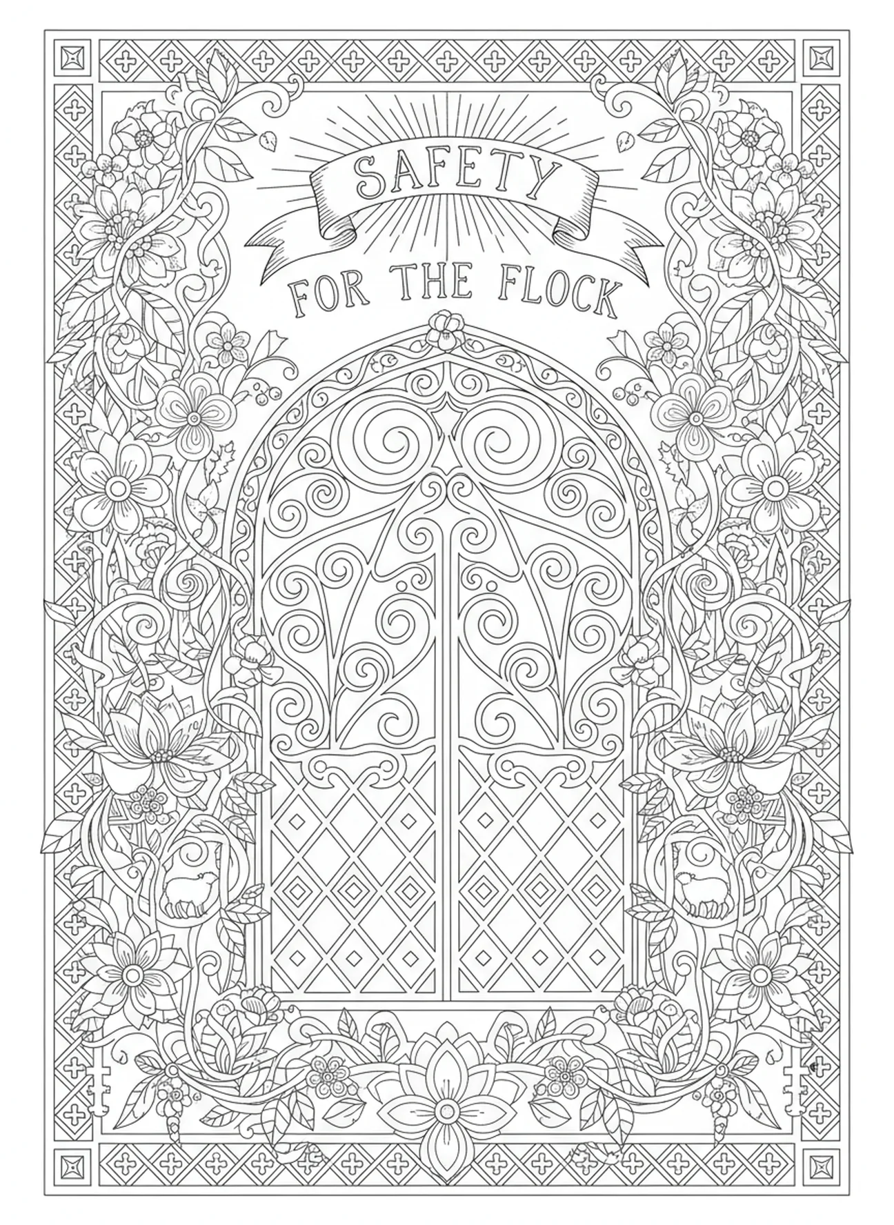 Ornate sheepfold gate, Good Shepherd coloring page for adults Bible journaling style.