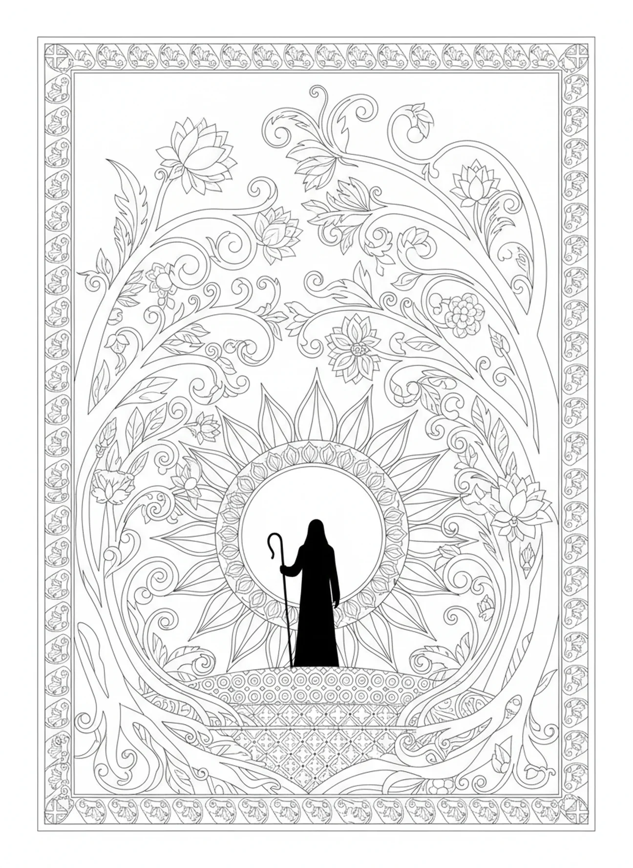 Shepherd silhouetted at sunset, Good Shepherd coloring page for adults Bible journaling style.