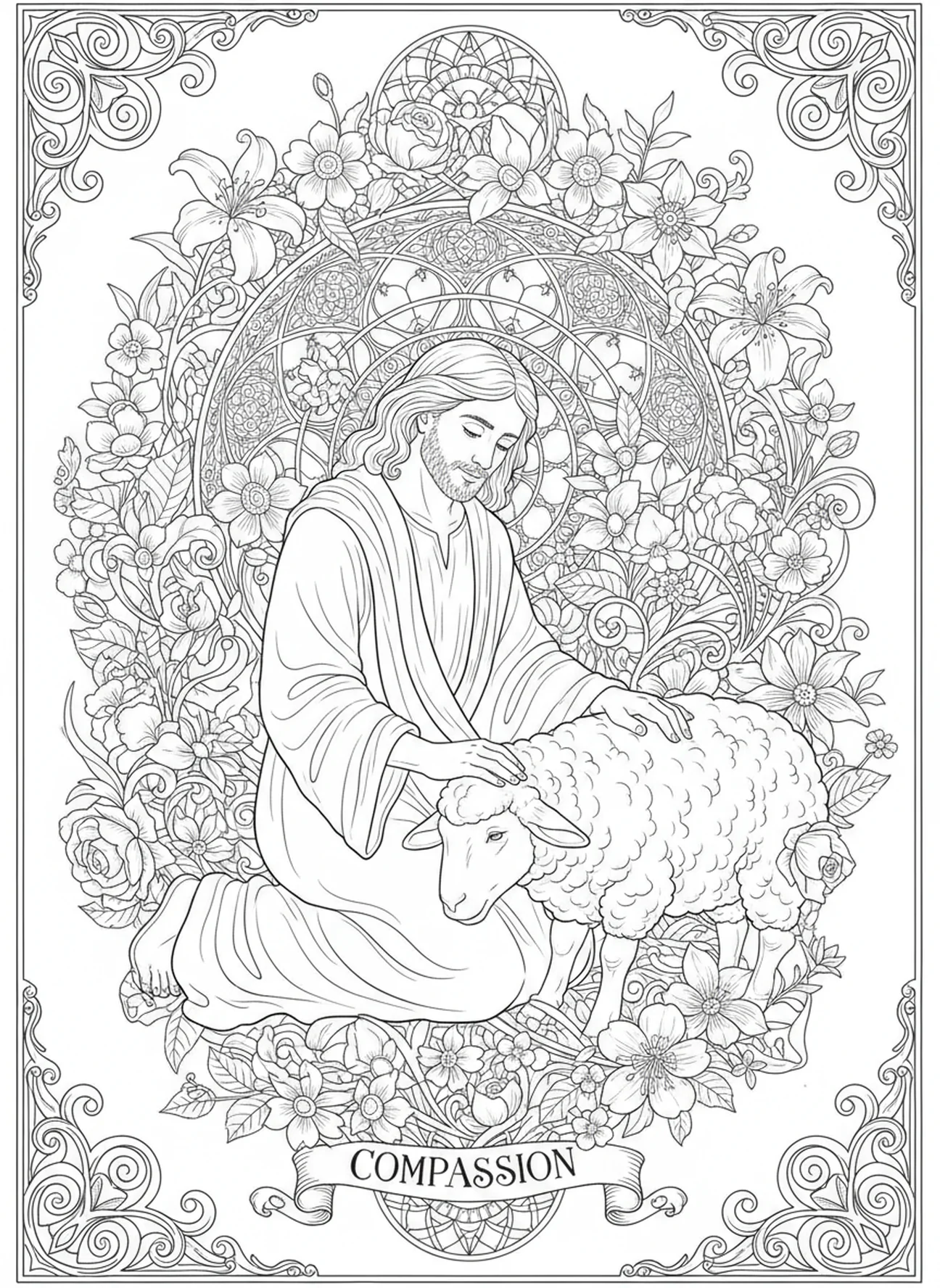 Shepherd caring for sheep, Good Shepherd coloring page for adults Bible journaling style.
