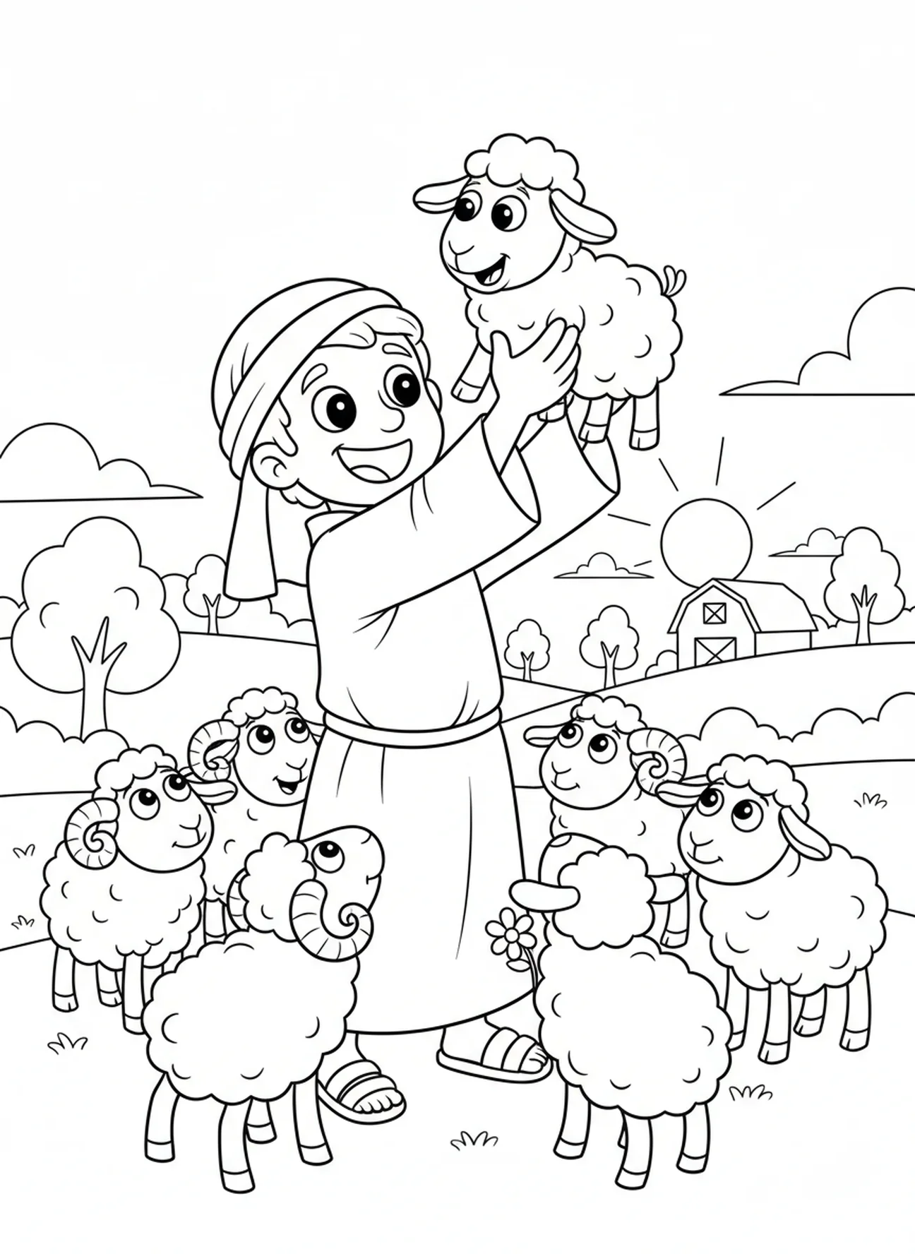 Shepherd rescuing a lost sheep, Good Shepherd coloring page for kids age 5-10