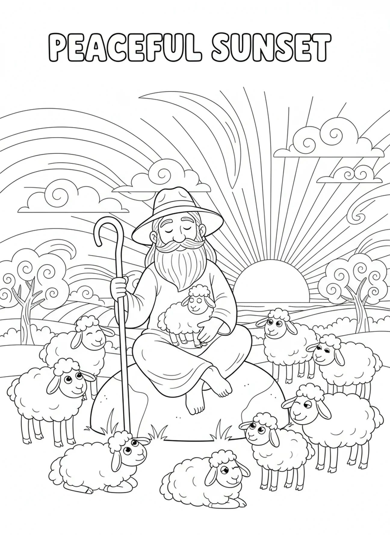 Shepherd sitting with sheep at sunset, Good Shepherd coloring page for kids age 5-10