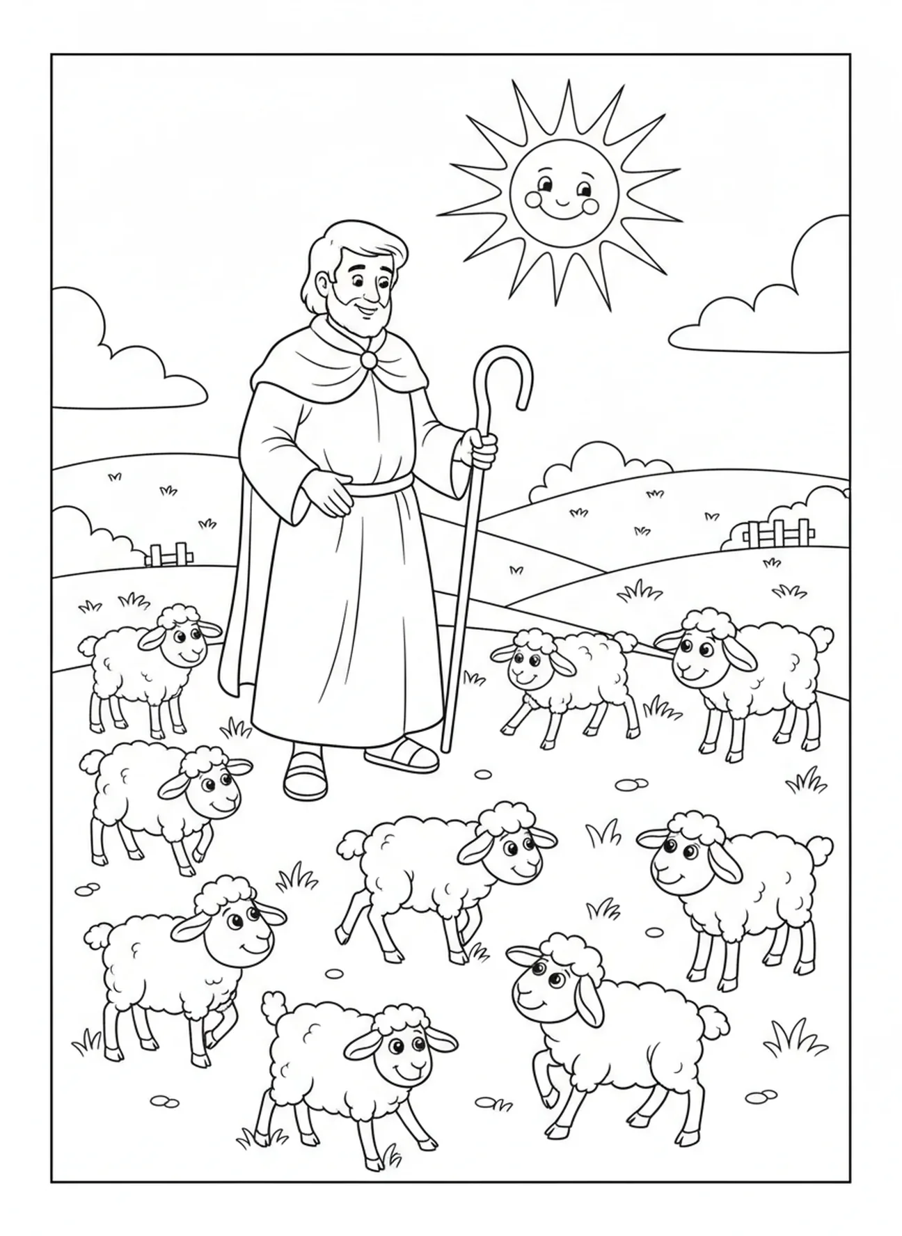 Shepherd standing on a hill with sheep, Good Shepherd coloring page for kids age 5-10