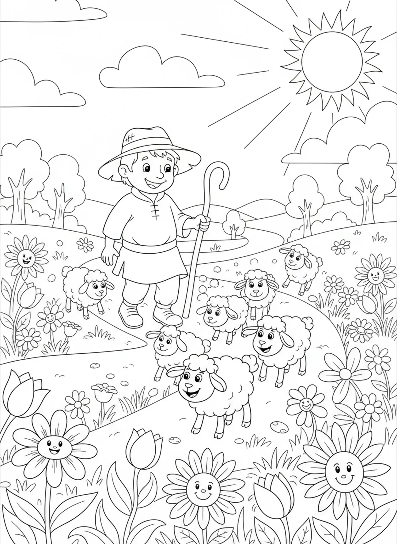 Shepherd walking with sheep, Good Shepherd coloring page for kids age 5-10